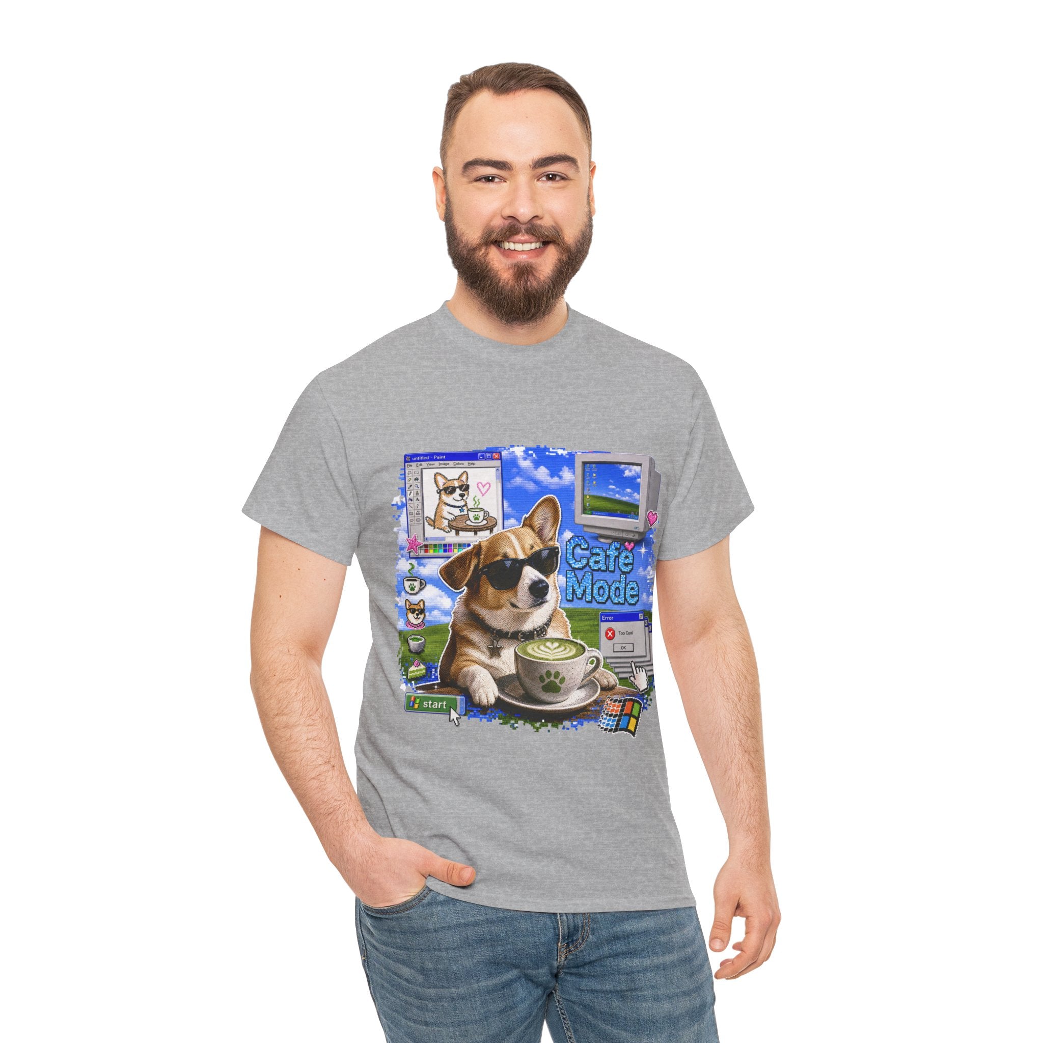 Café Mode Tee — Retro Vaporwave Corgi Coffee T-Shirt