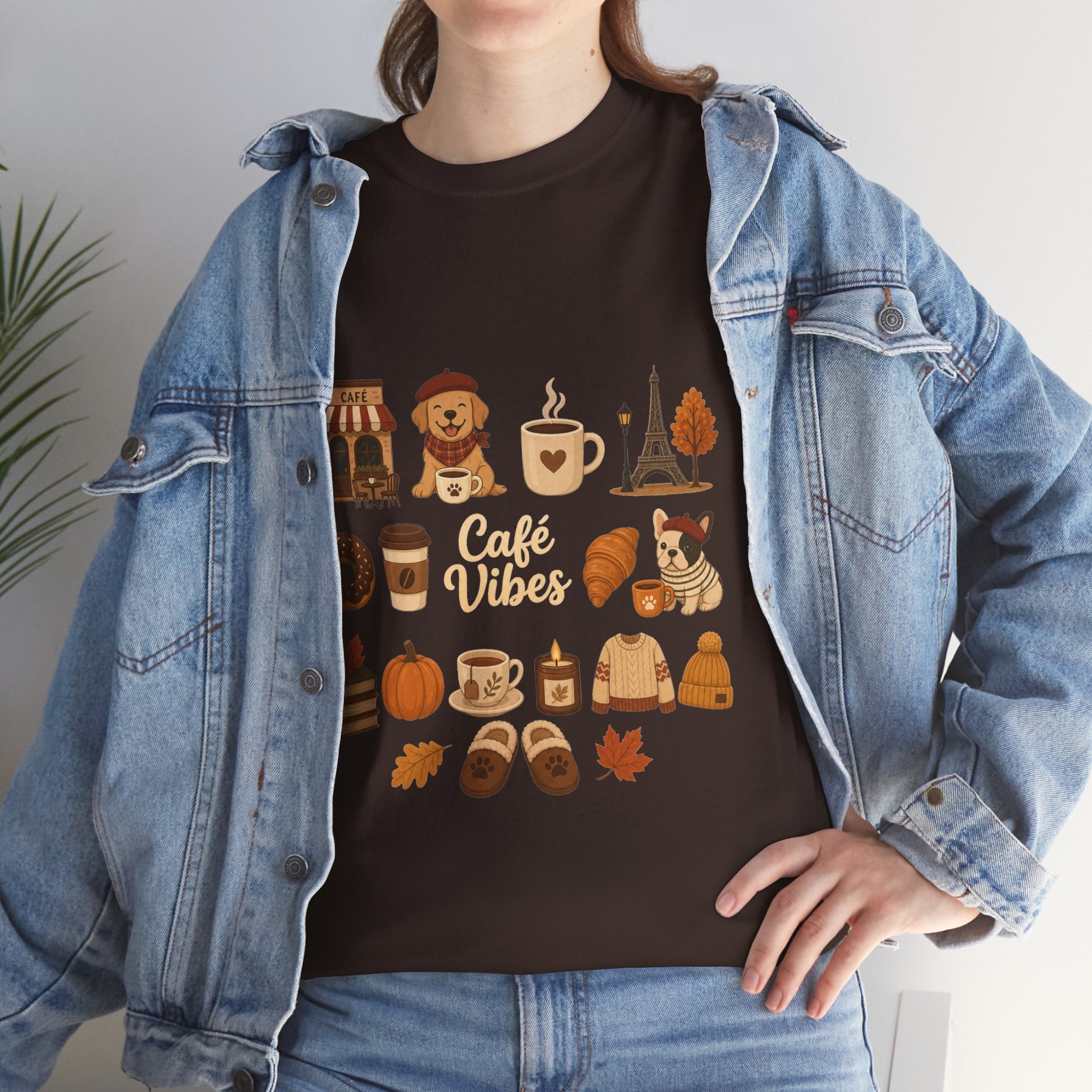 Cafe Vibes Tee — Cozy Autumn Coffee, Dogs & Pumpkin Graphic T-Shirt