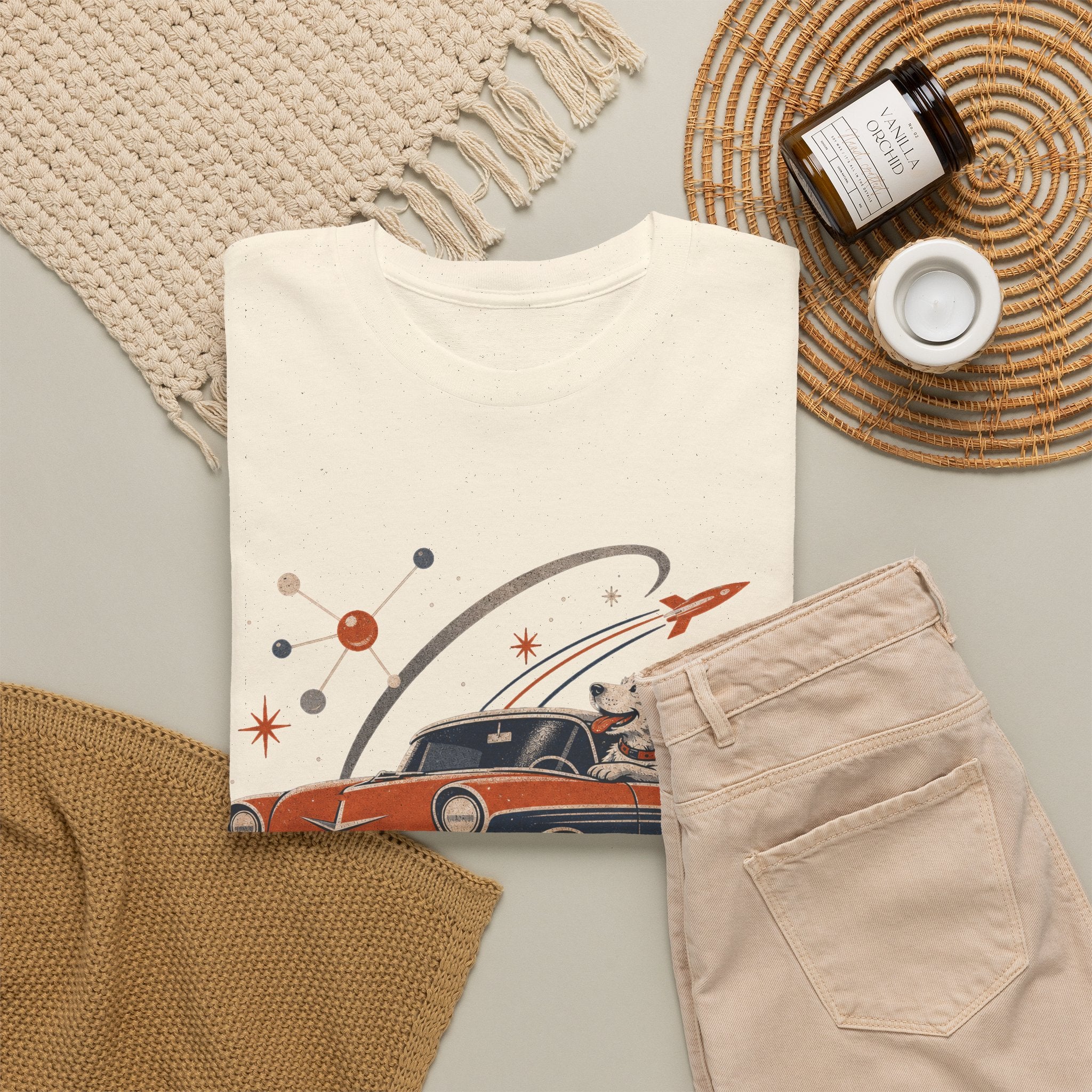 Retro Space Dog Driving Classic Car Tee | Vintage Rocket Adventure