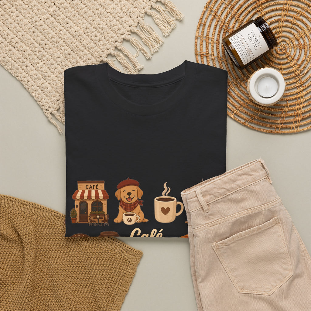 Cafe Vibes Tee — Cozy Autumn Coffee, Dogs & Pumpkin Graphic T-Shirt
