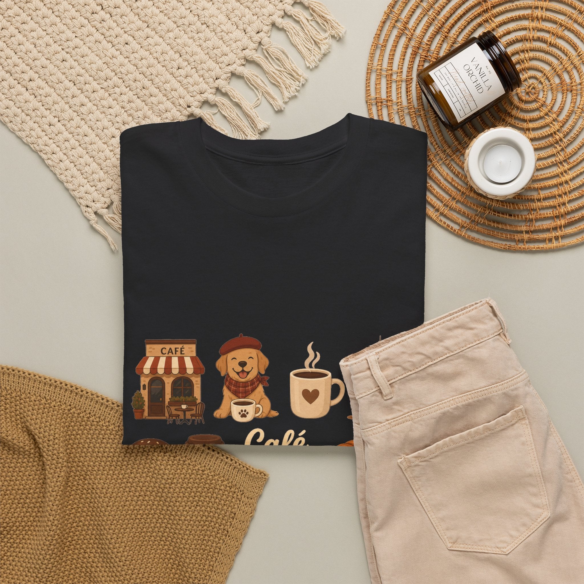 Cafe Vibes Tee — Cozy Autumn Coffee, Dogs & Pumpkin Graphic T-Shirt