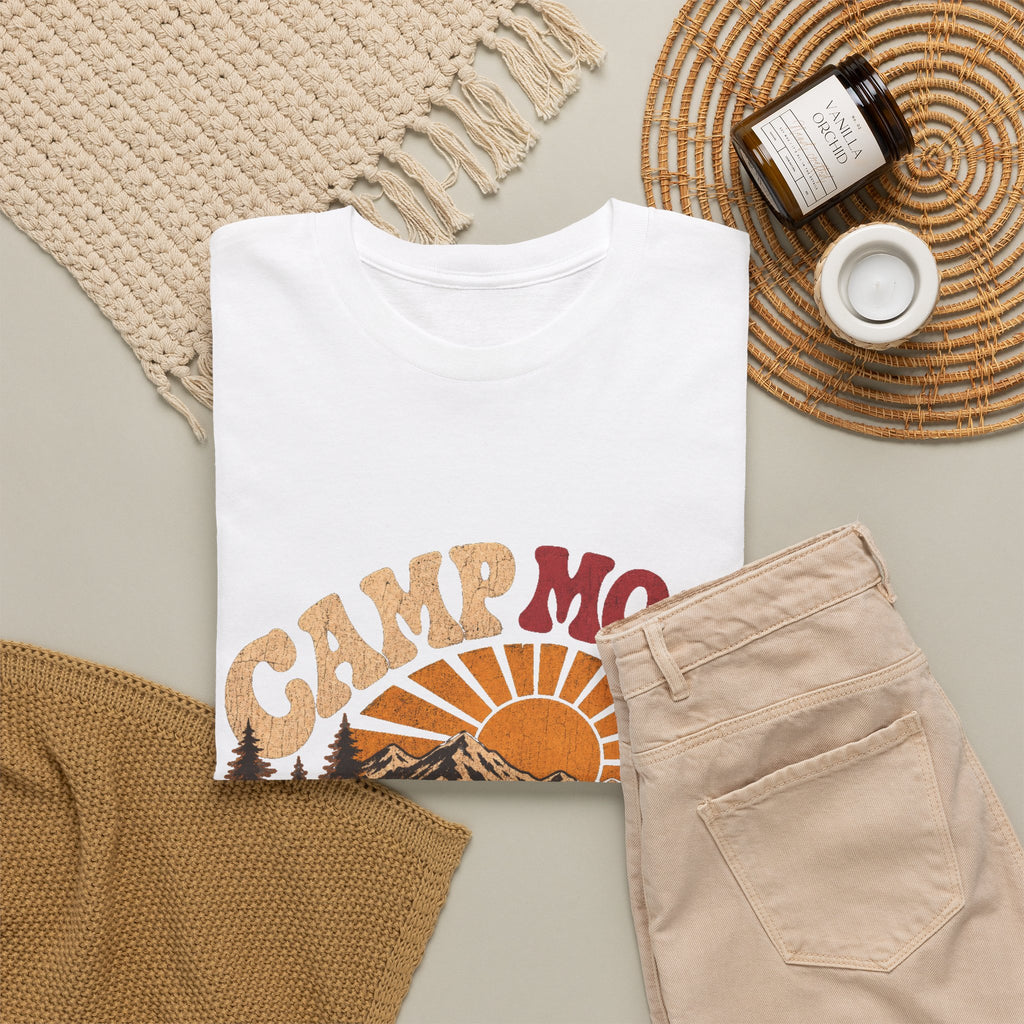 Camp More Camping T-Shirt — Retro Sunset Tent & Dog Outdoor Tee