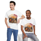 Camp More Camping T-Shirt — Retro Sunset Tent & Dog Outdoor Tee