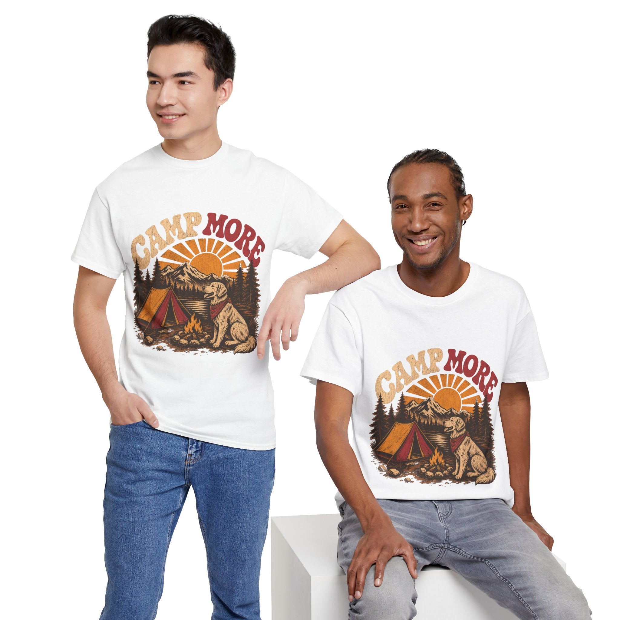 Camp More Camping T-Shirt — Retro Sunset Tent & Dog Outdoor Tee