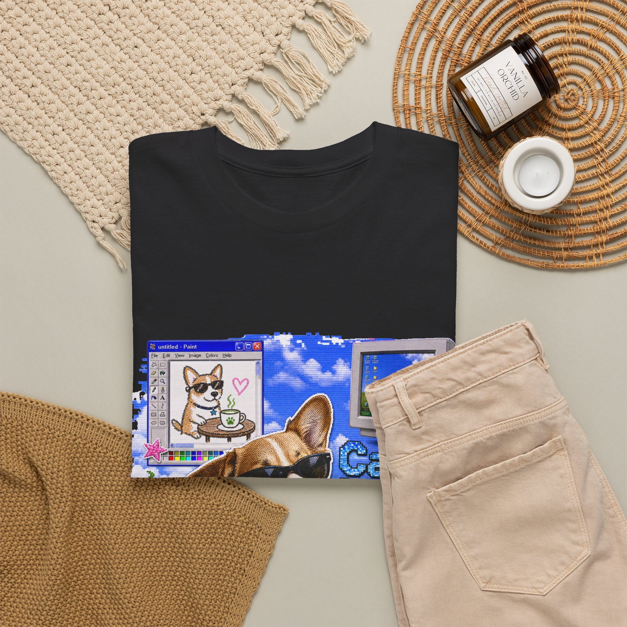 Café Mode Tee — Retro Vaporwave Corgi Coffee T-Shirt
