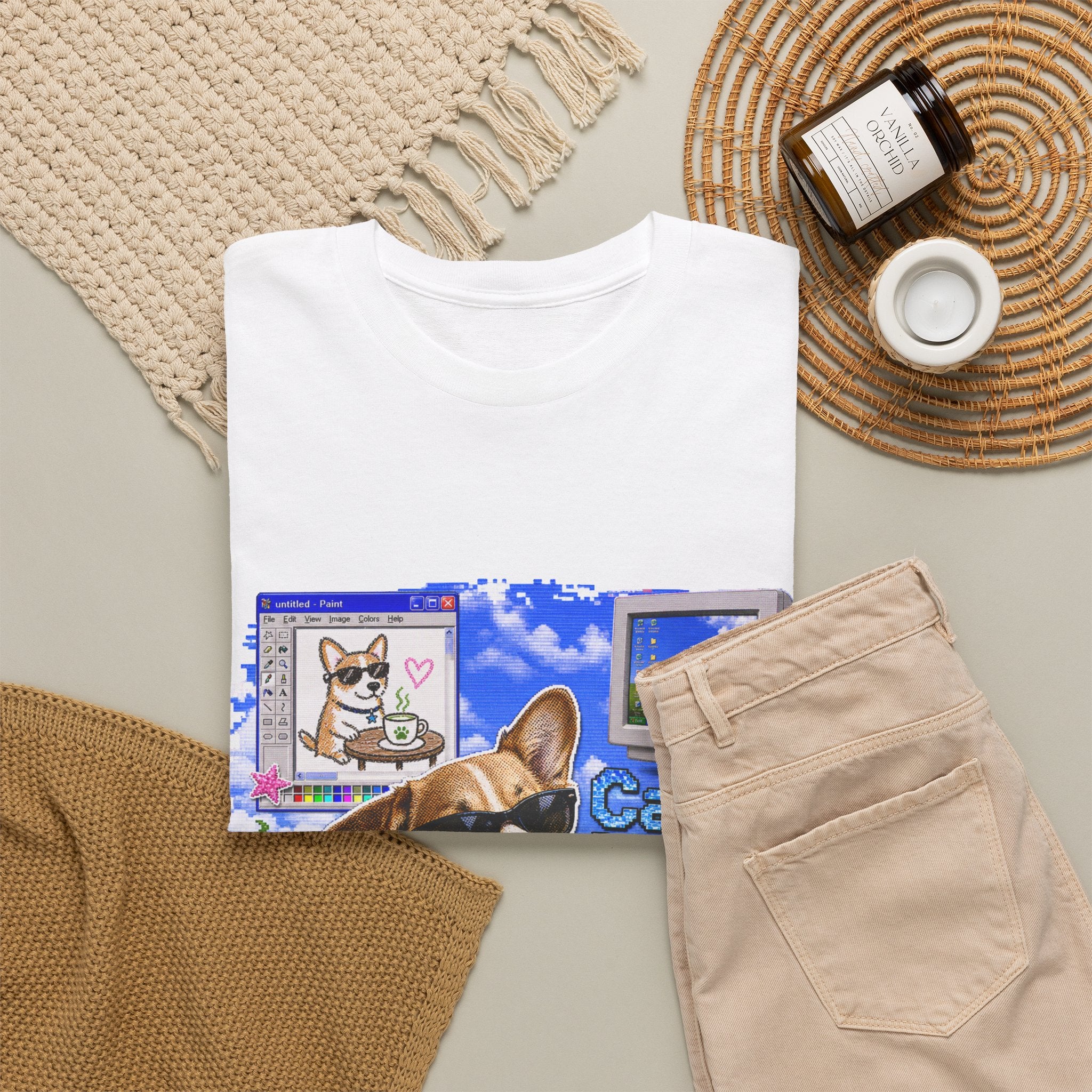 Café Mode Tee — Retro Vaporwave Corgi Coffee T-Shirt