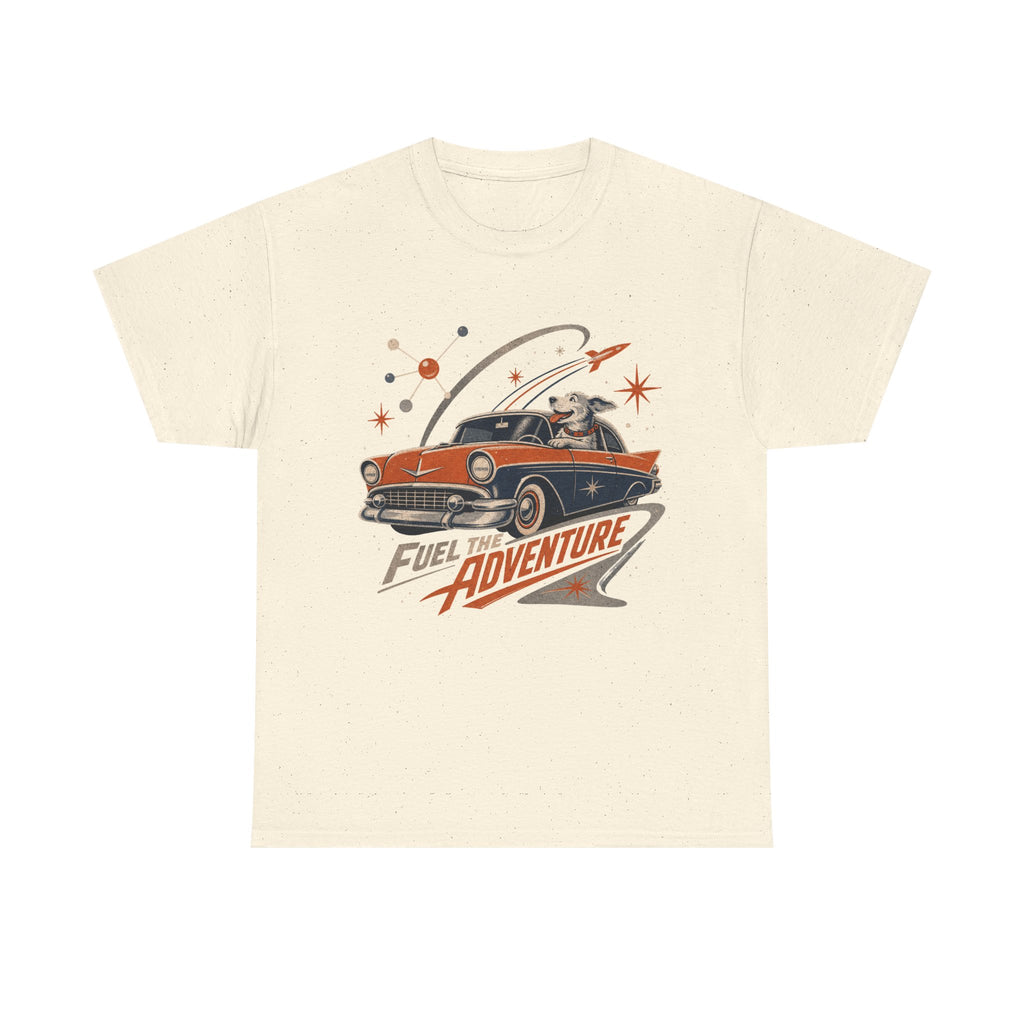 Retro Space Dog Driving Classic Car Tee | Vintage Rocket Adventure