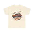Retro Space Dog Driving Classic Car Tee | Vintage Rocket Adventure