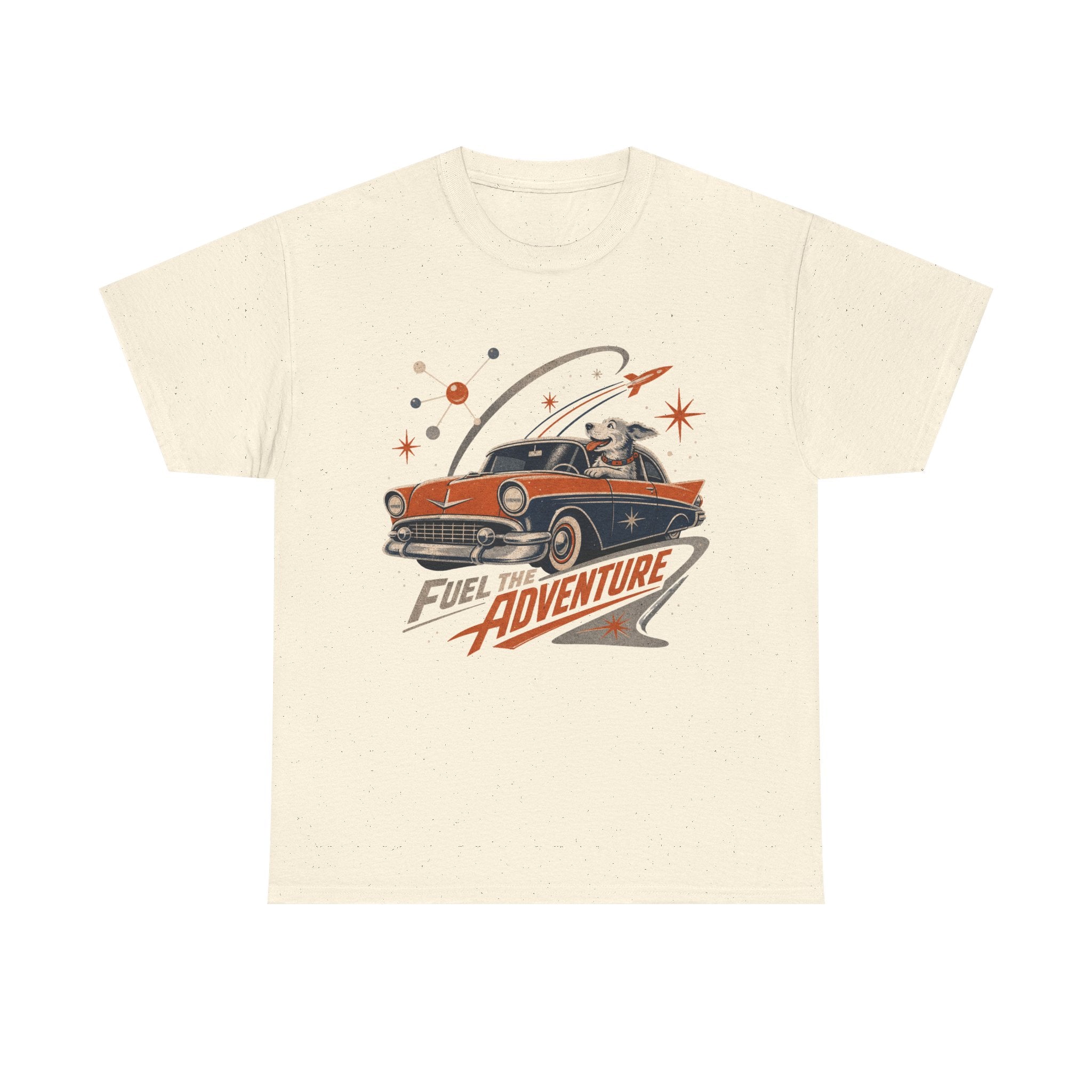Retro Space Dog Driving Classic Car Tee | Vintage Rocket Adventure