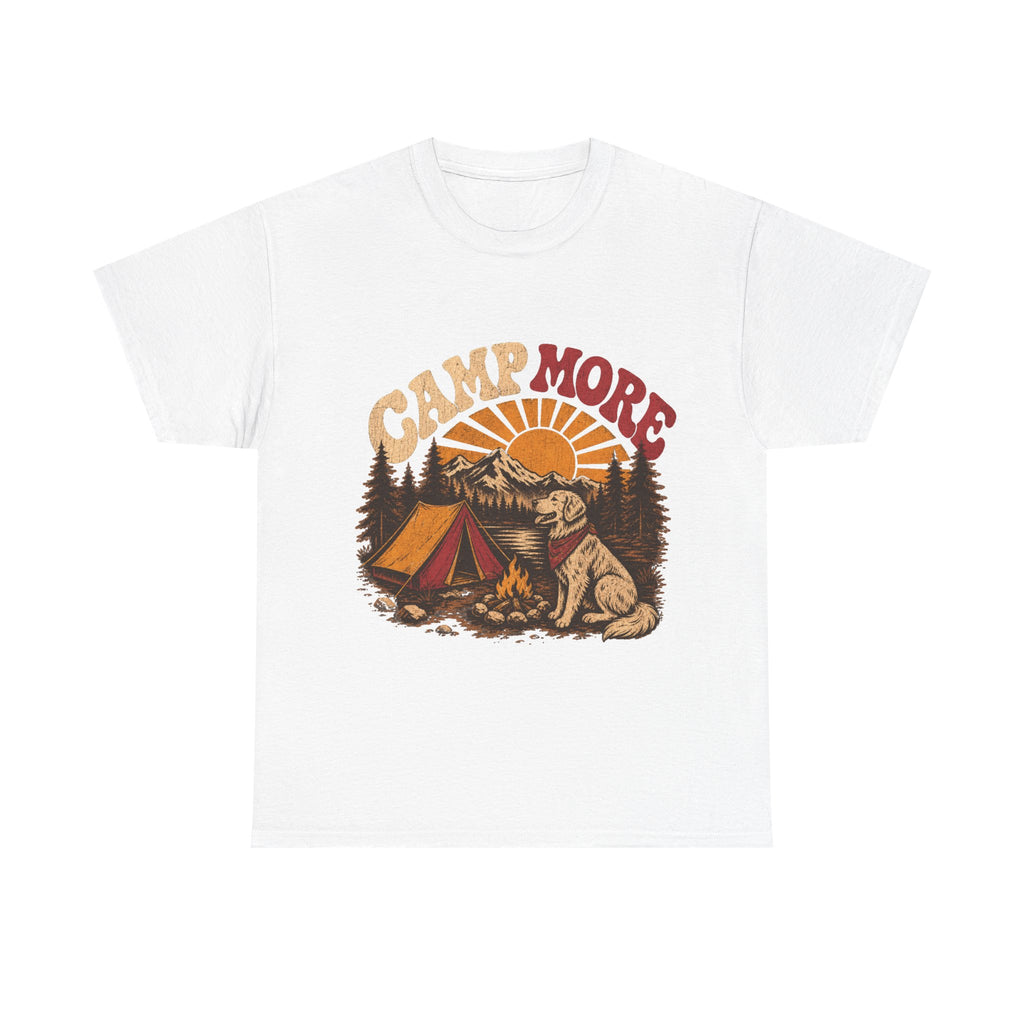 Camp More Camping T-Shirt — Retro Sunset Tent & Dog Outdoor Tee