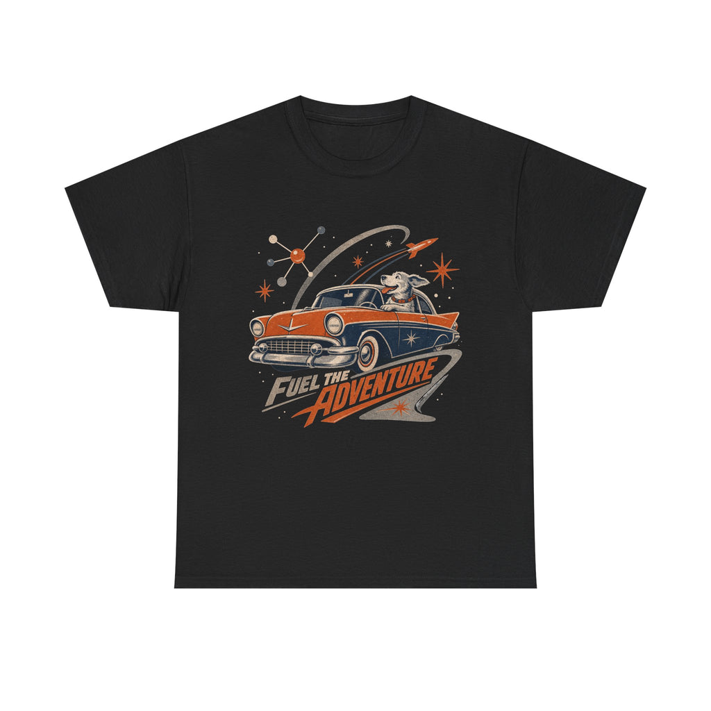 Retro Space Dog Driving Classic Car Tee | Vintage Rocket Adventure