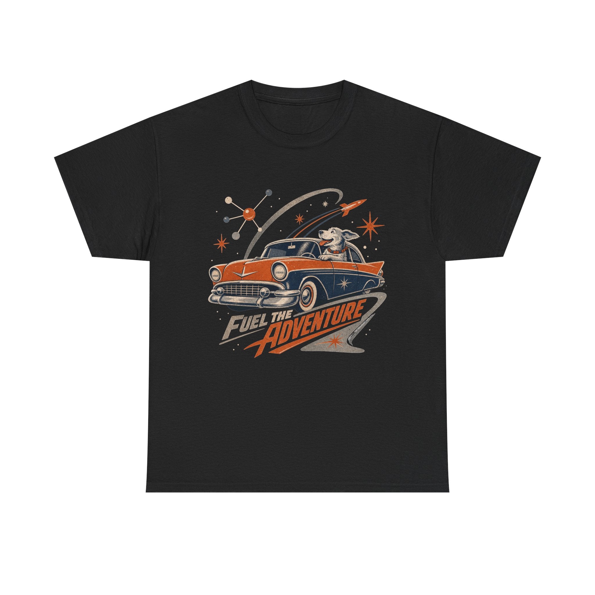 Retro Space Dog Driving Classic Car Tee | Vintage Rocket Adventure