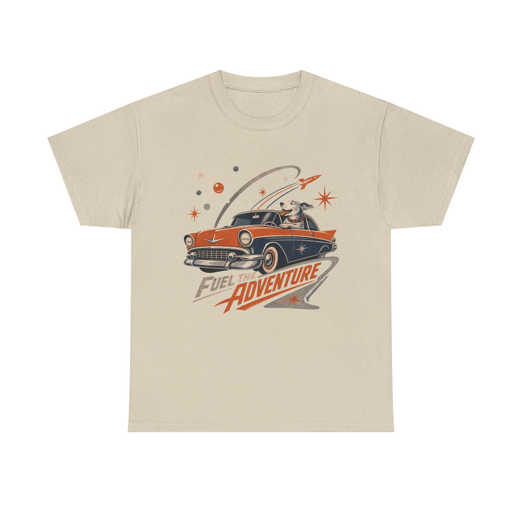 Retro Space Dog Driving Classic Car Tee | Vintage Rocket Adventure