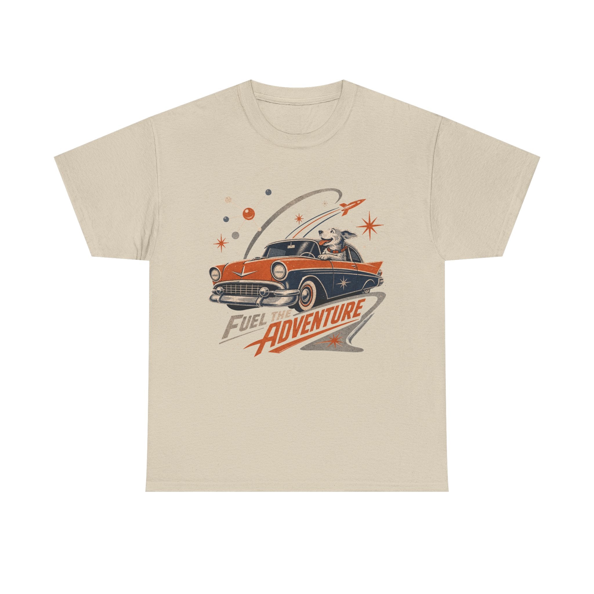 Retro Space Dog Driving Classic Car Tee | Vintage Rocket Adventure