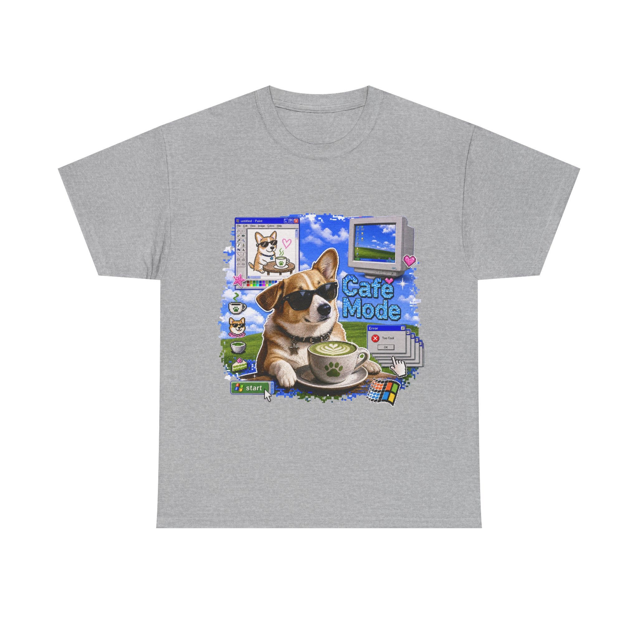 Café Mode Tee — Retro Vaporwave Corgi Coffee T-Shirt