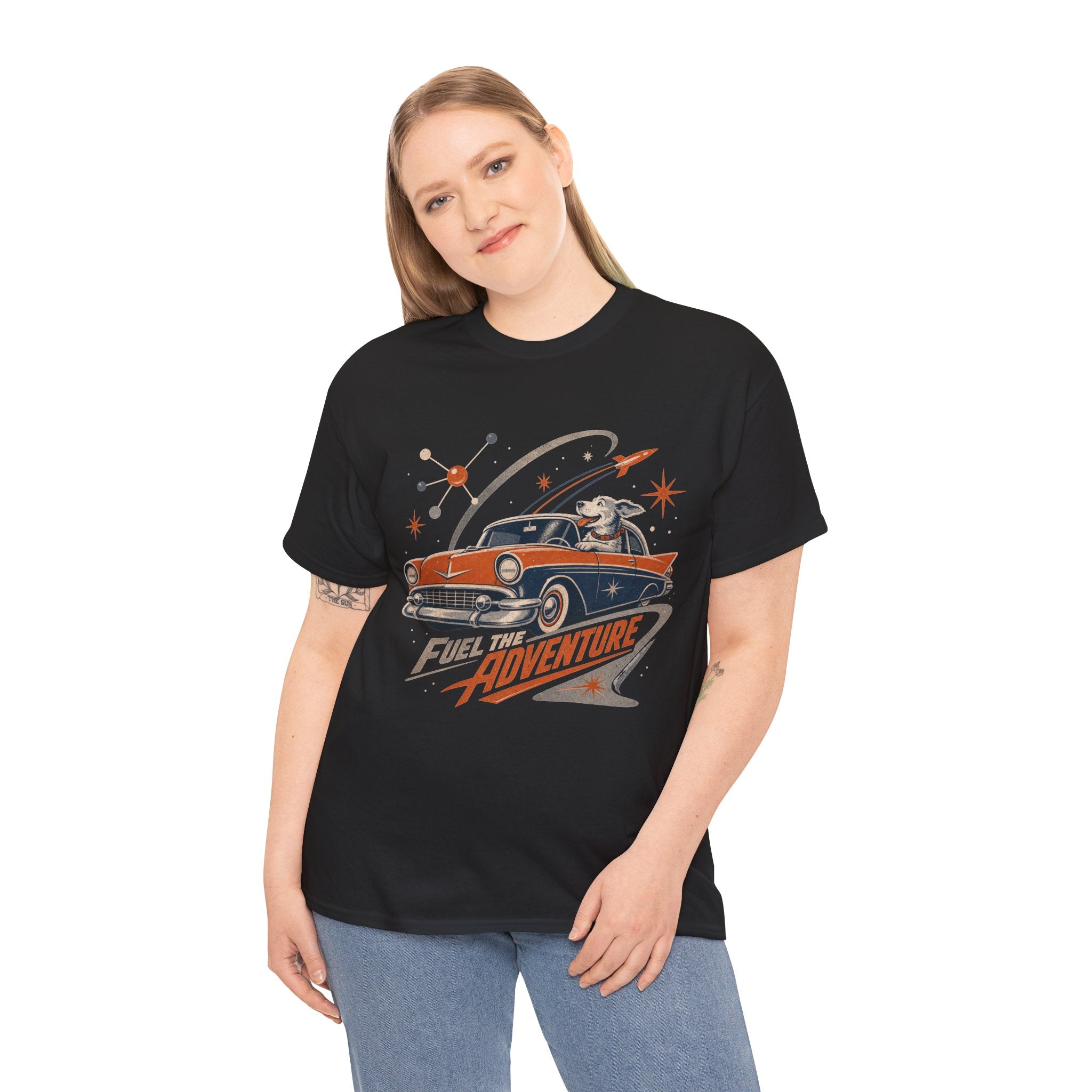 Retro Space Dog Driving Classic Car Tee | Vintage Rocket Adventure