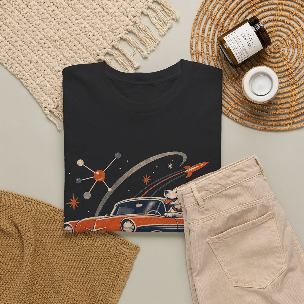 Retro Space Dog Driving Classic Car Tee | Vintage Rocket Adventure