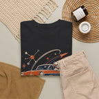 Retro Space Dog Driving Classic Car Tee | Vintage Rocket Adventure