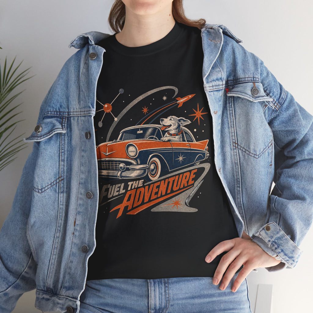 Retro Space Dog Driving Classic Car Tee | Vintage Rocket Adventure