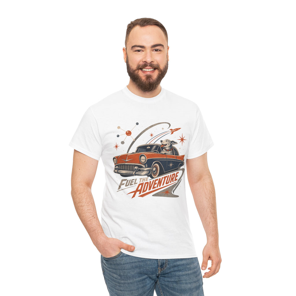 Retro Space Dog Driving Classic Car Tee | Vintage Rocket Adventure
