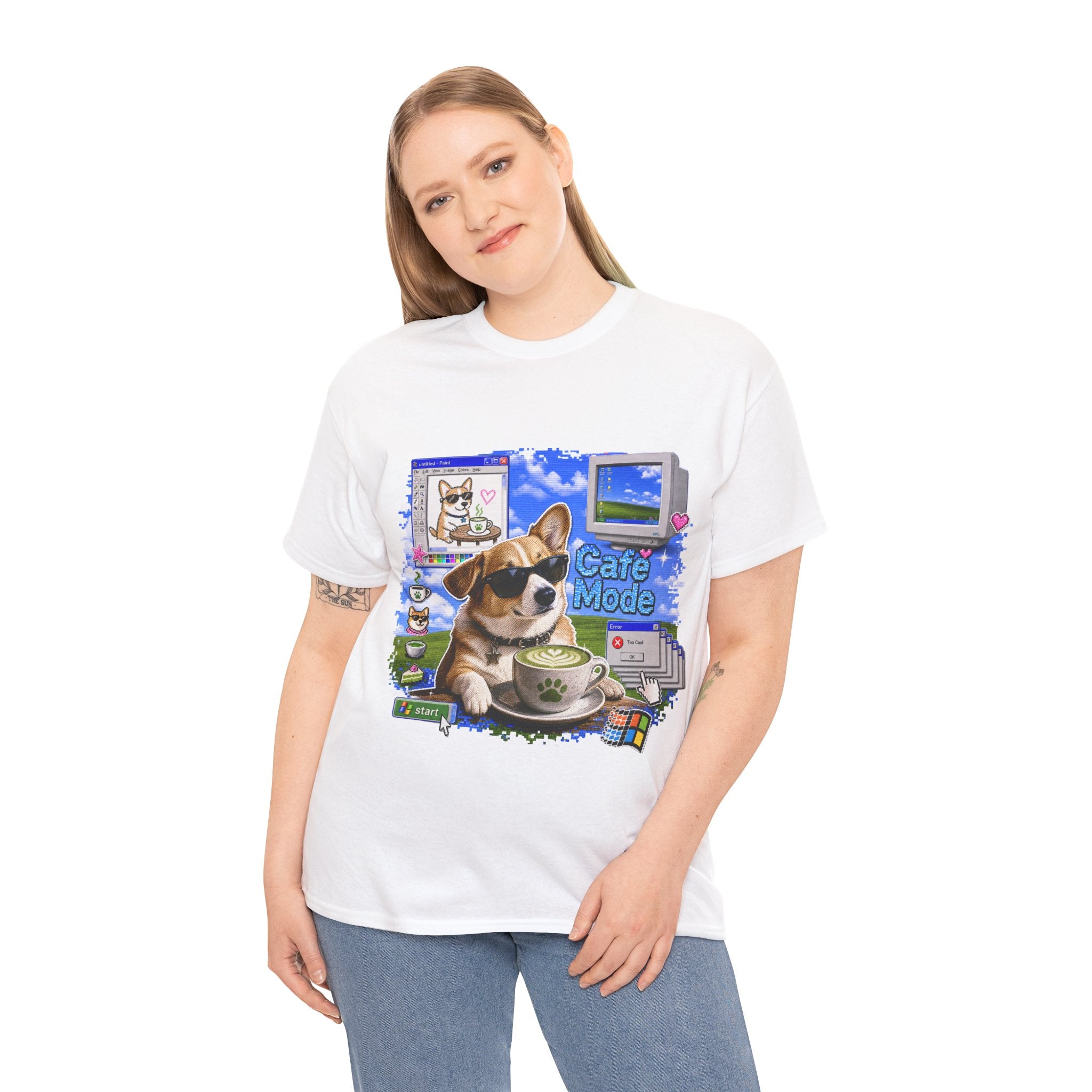 Café Mode Tee — Retro Vaporwave Corgi Coffee T-Shirt