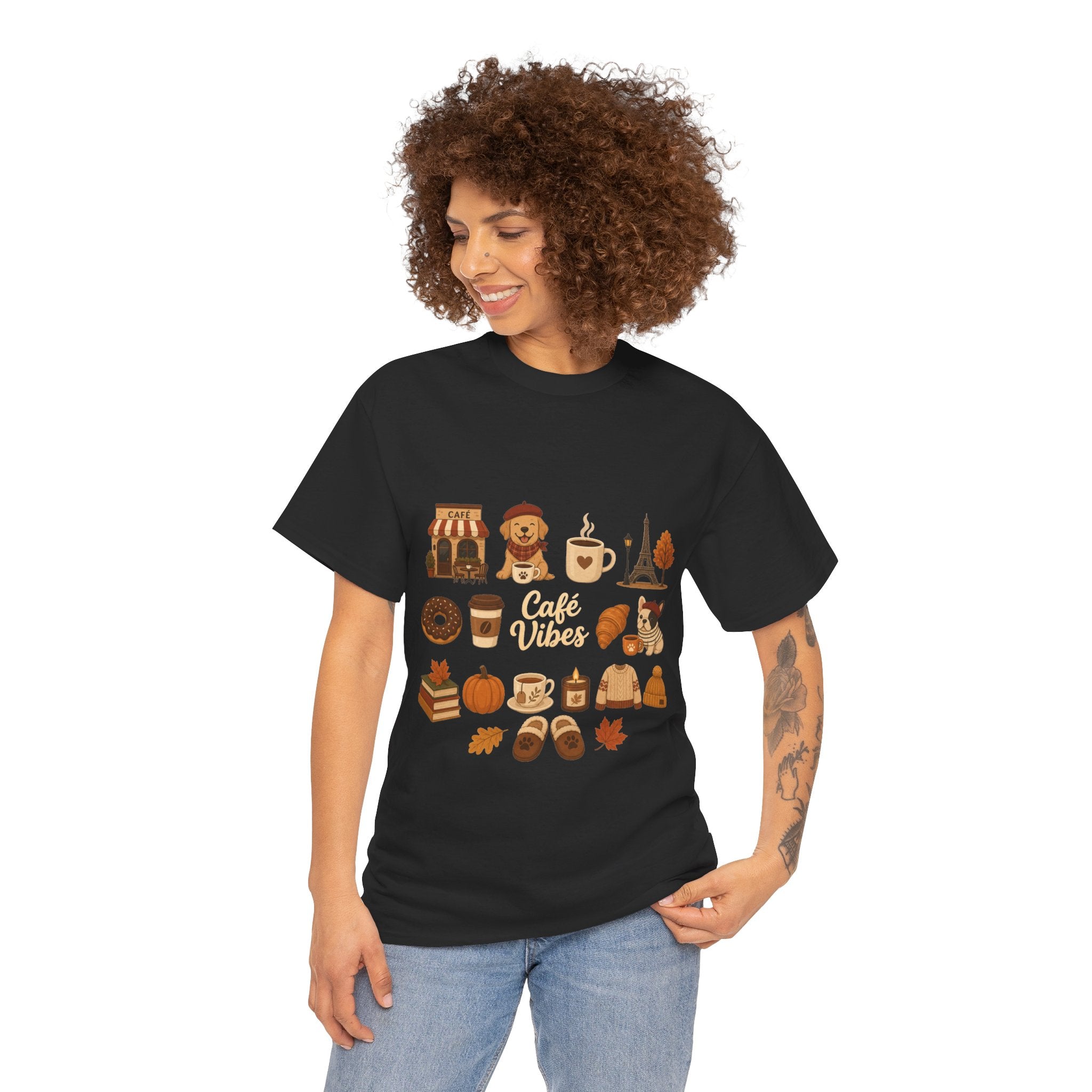 Cafe Vibes Tee — Cozy Autumn Coffee, Dogs & Pumpkin Graphic T-Shirt