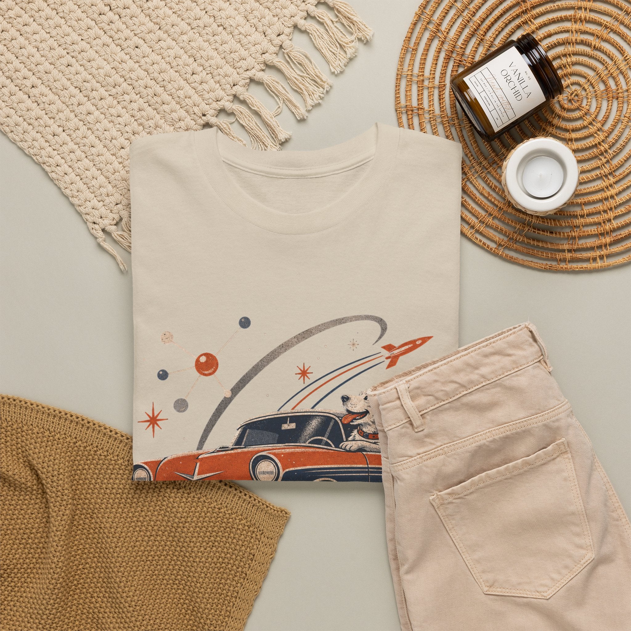 Retro Space Dog Driving Classic Car Tee | Vintage Rocket Adventure