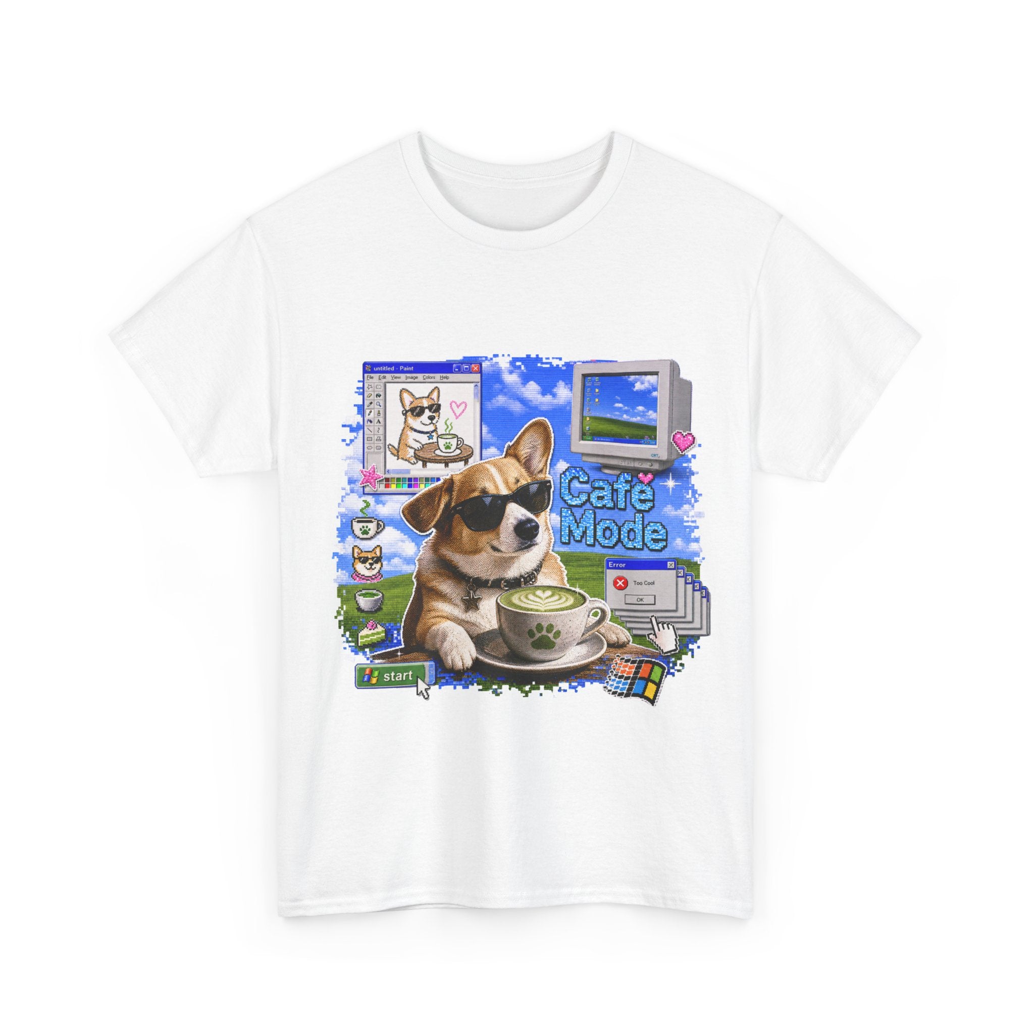 Café Mode Tee — Retro Vaporwave Corgi Coffee T-Shirt