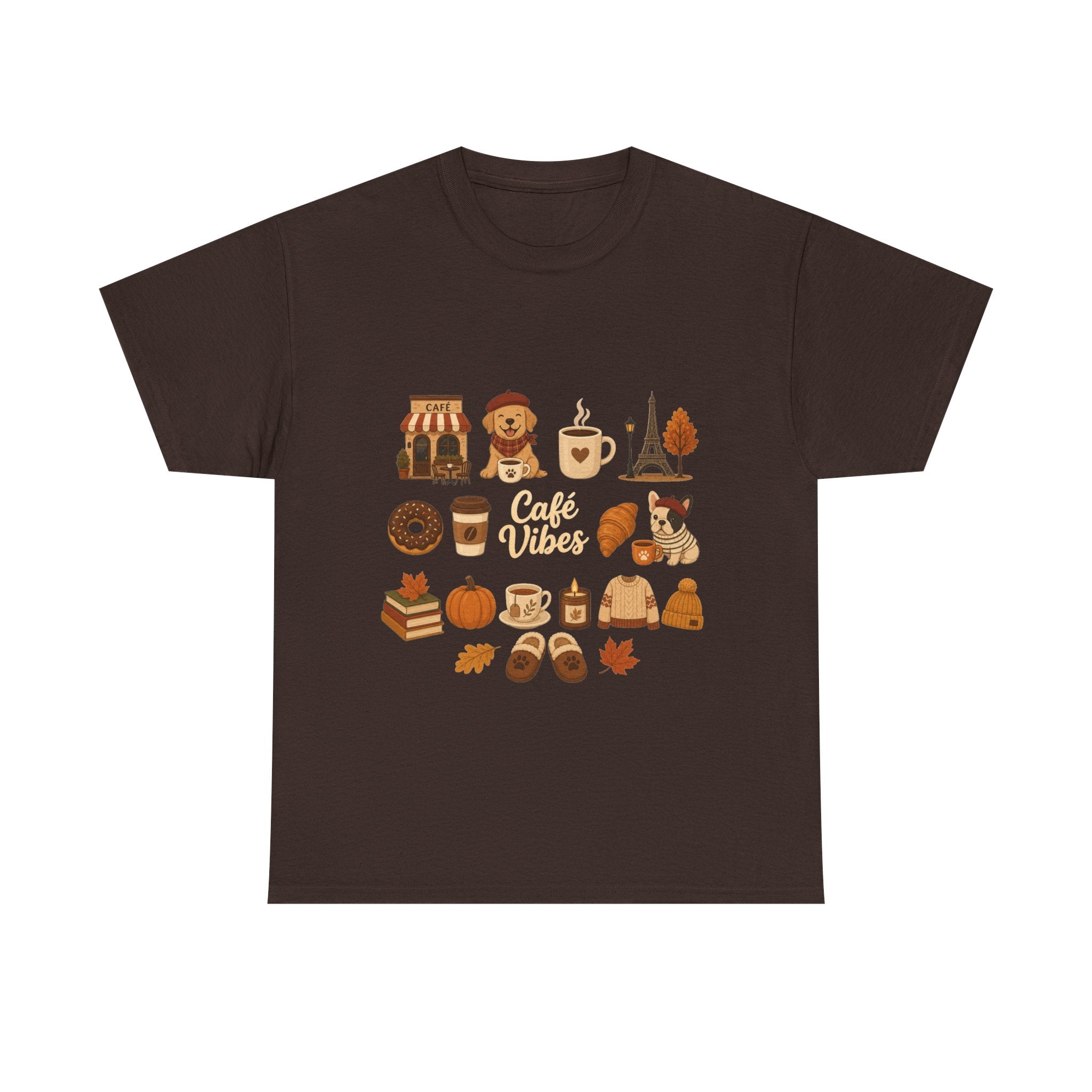 Cafe Vibes Tee — Cozy Autumn Coffee, Dogs & Pumpkin Graphic T-Shirt
