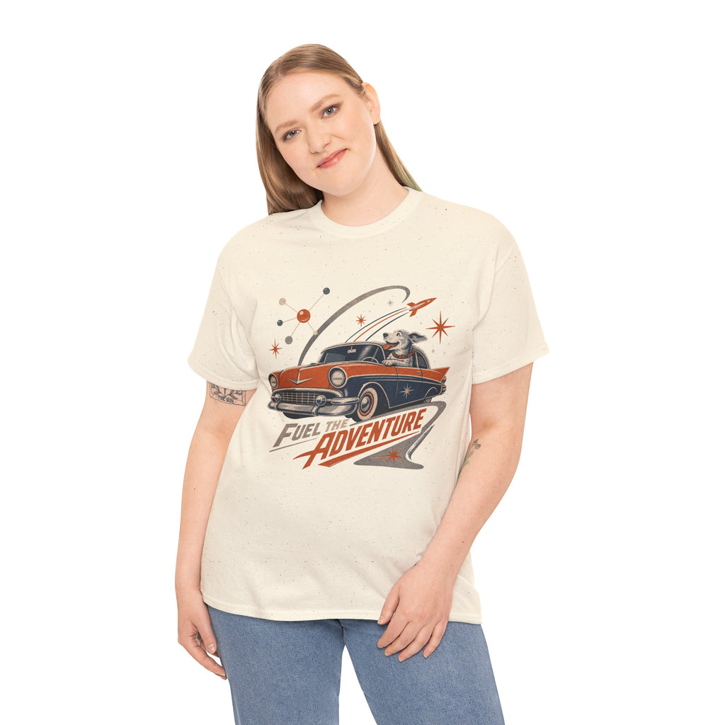 Retro Space Dog Driving Classic Car Tee | Vintage Rocket Adventure