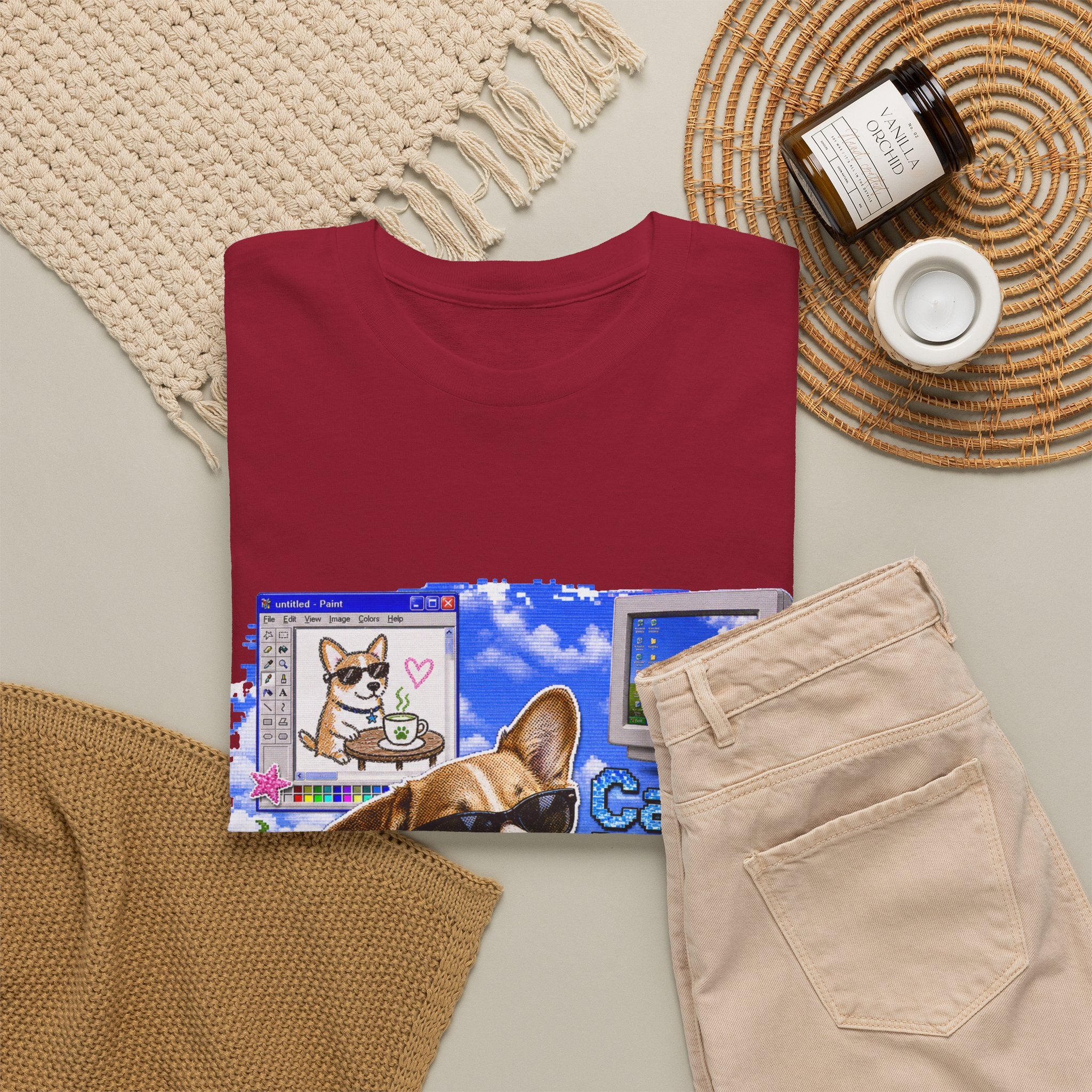 Café Mode Tee — Retro Vaporwave Corgi Coffee T-Shirt