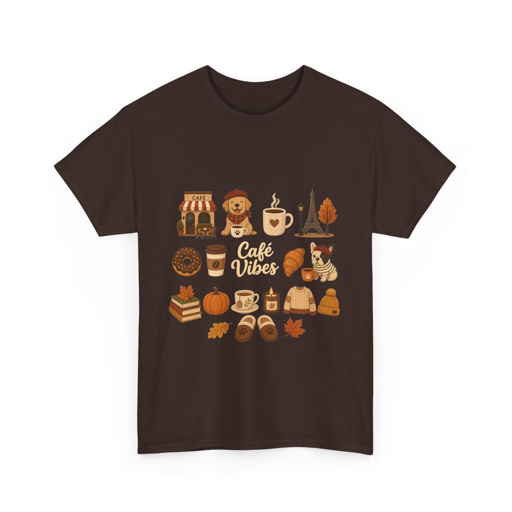 Cafe Vibes Tee — Cozy Autumn Coffee, Dogs & Pumpkin Graphic T-Shirt