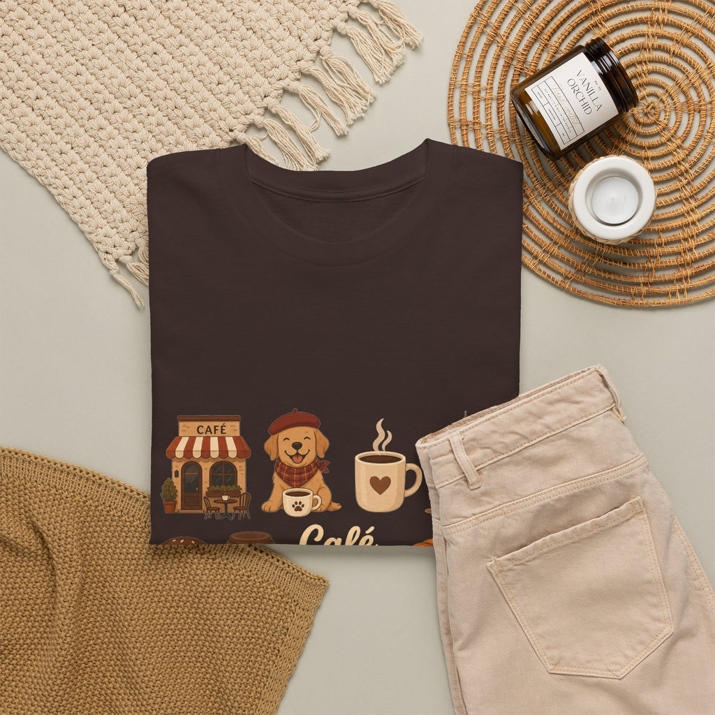 Cafe Vibes Tee — Cozy Autumn Coffee, Dogs & Pumpkin Graphic T-Shirt