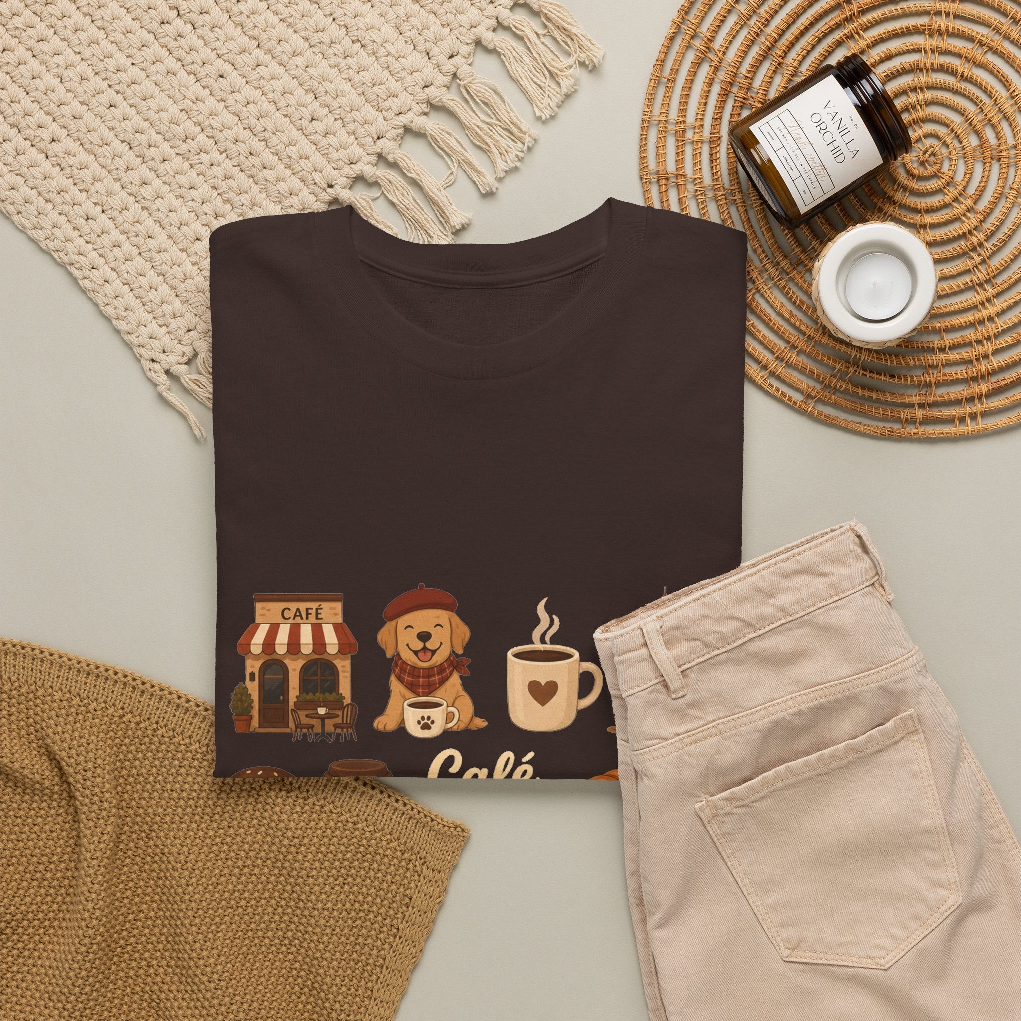 Cafe Vibes Tee — Cozy Autumn Coffee, Dogs & Pumpkin Graphic T-Shirt