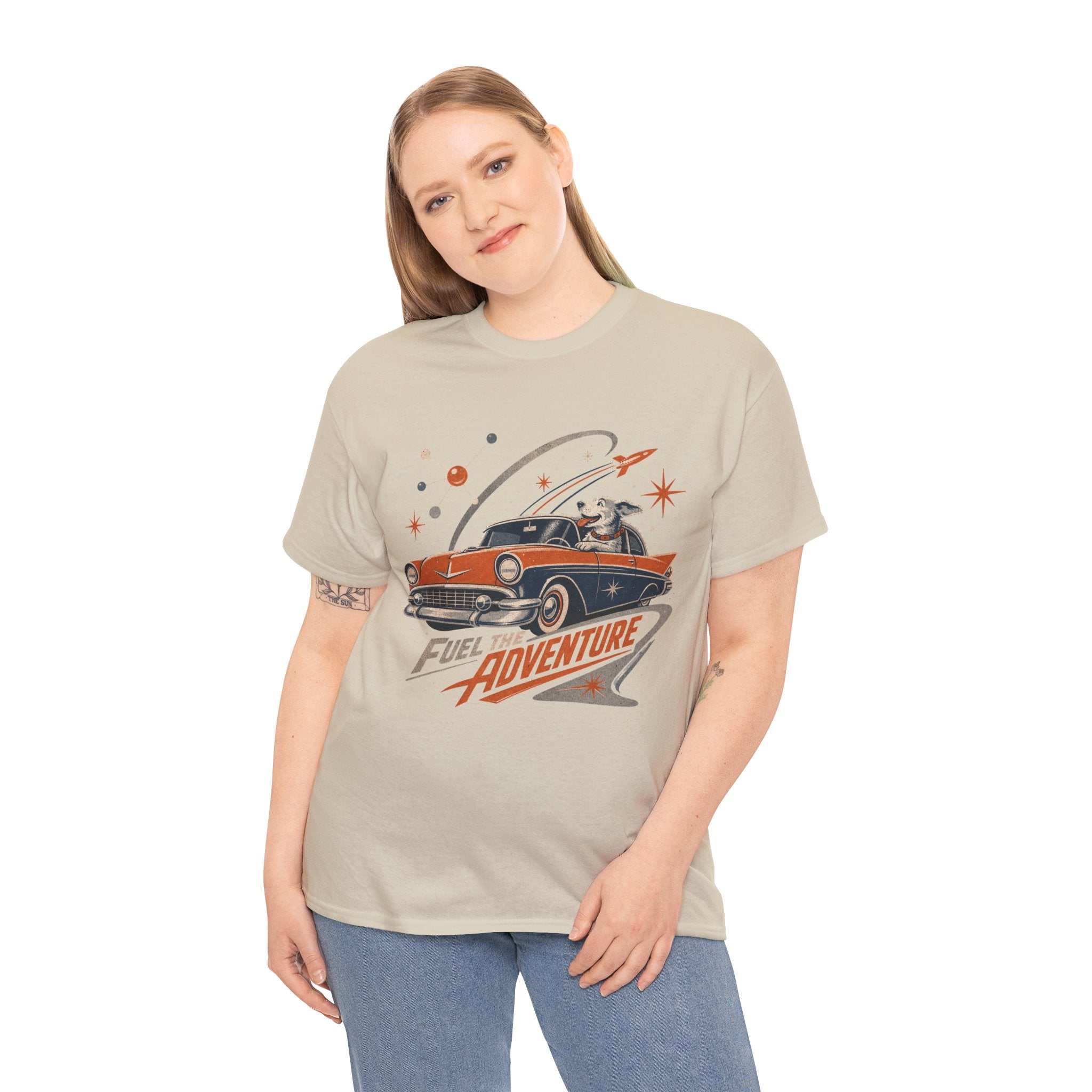 Retro Space Dog Driving Classic Car Tee | Vintage Rocket Adventure