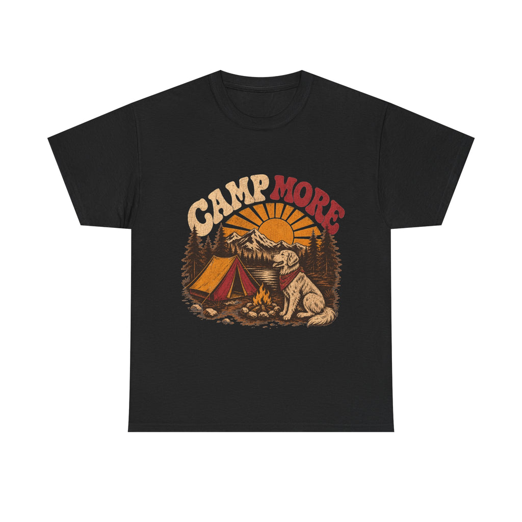 Camp More Camping T-Shirt — Retro Sunset Tent & Dog Outdoor Tee