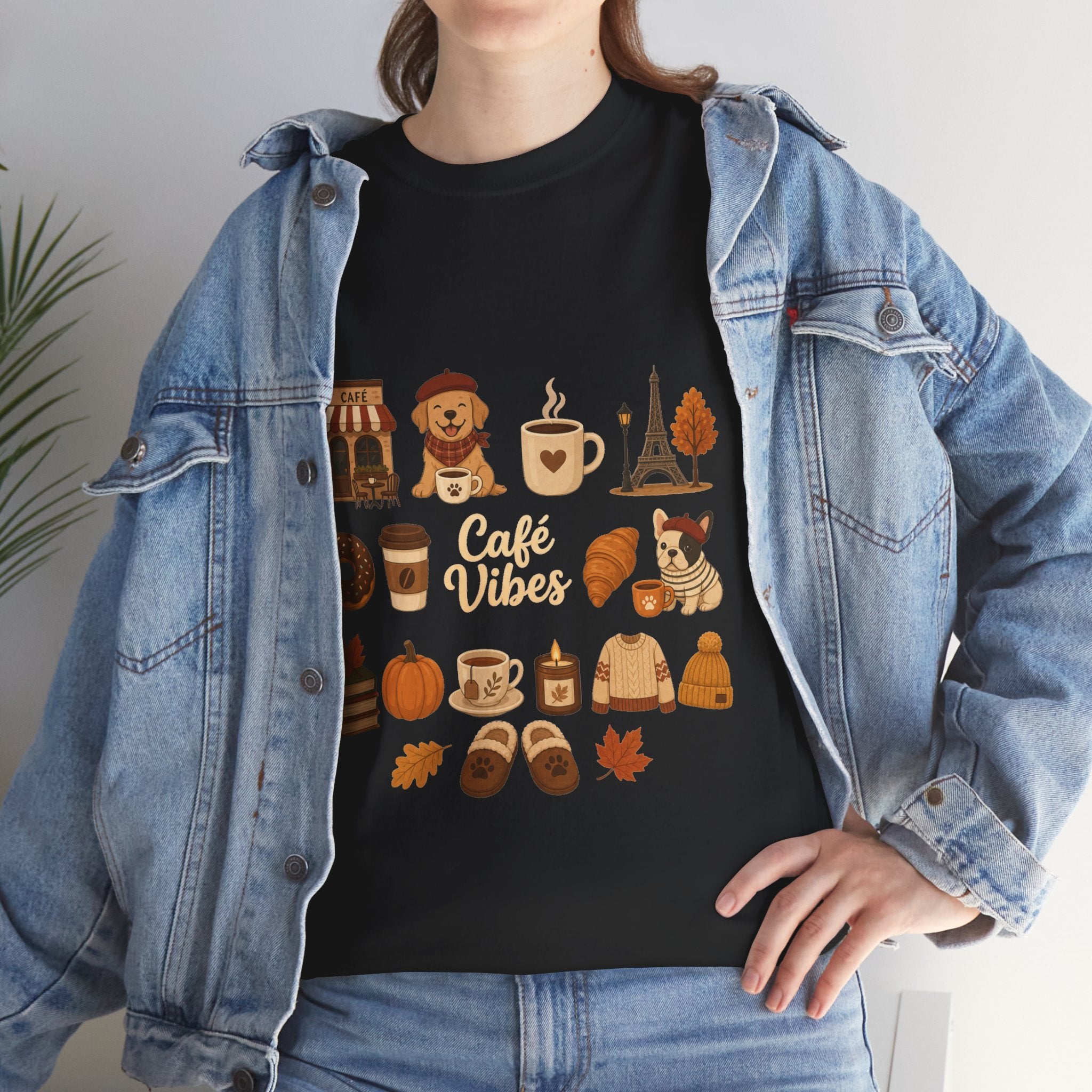 Cafe Vibes Tee — Cozy Autumn Coffee, Dogs & Pumpkin Graphic T-Shirt
