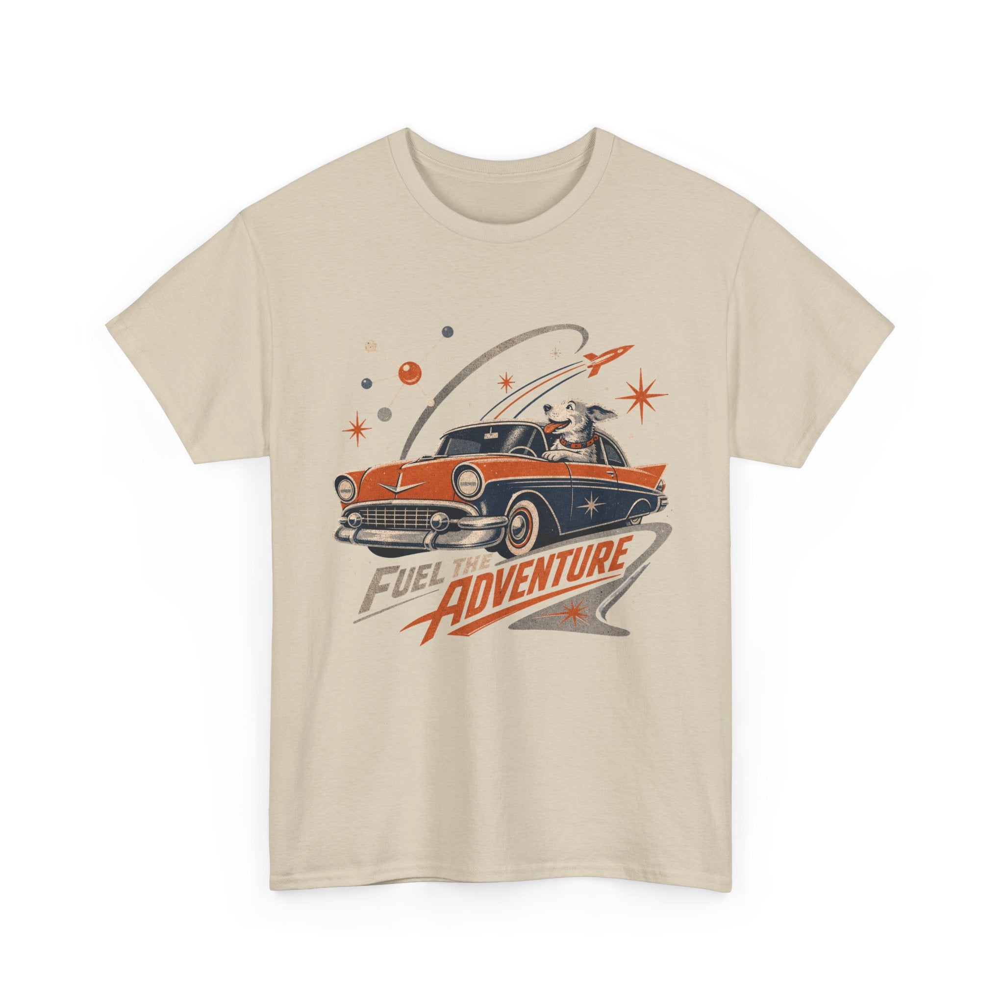 Retro Space Dog Driving Classic Car Tee | Vintage Rocket Adventure