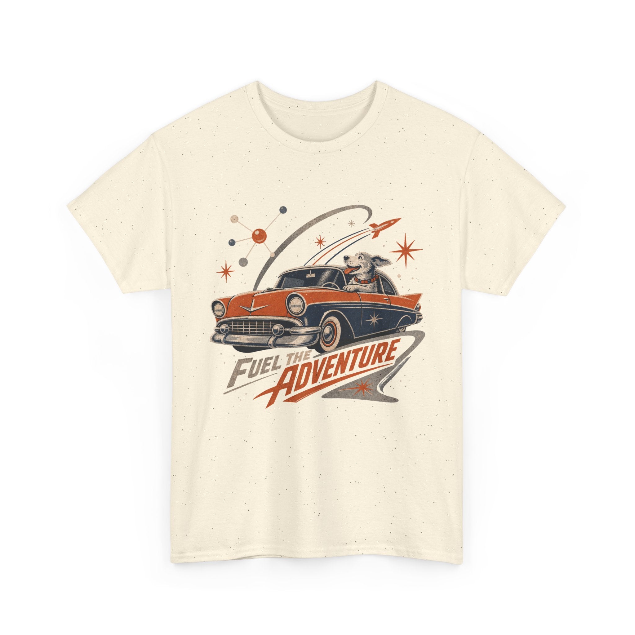 Retro Space Dog Driving Classic Car Tee | Vintage Rocket Adventure