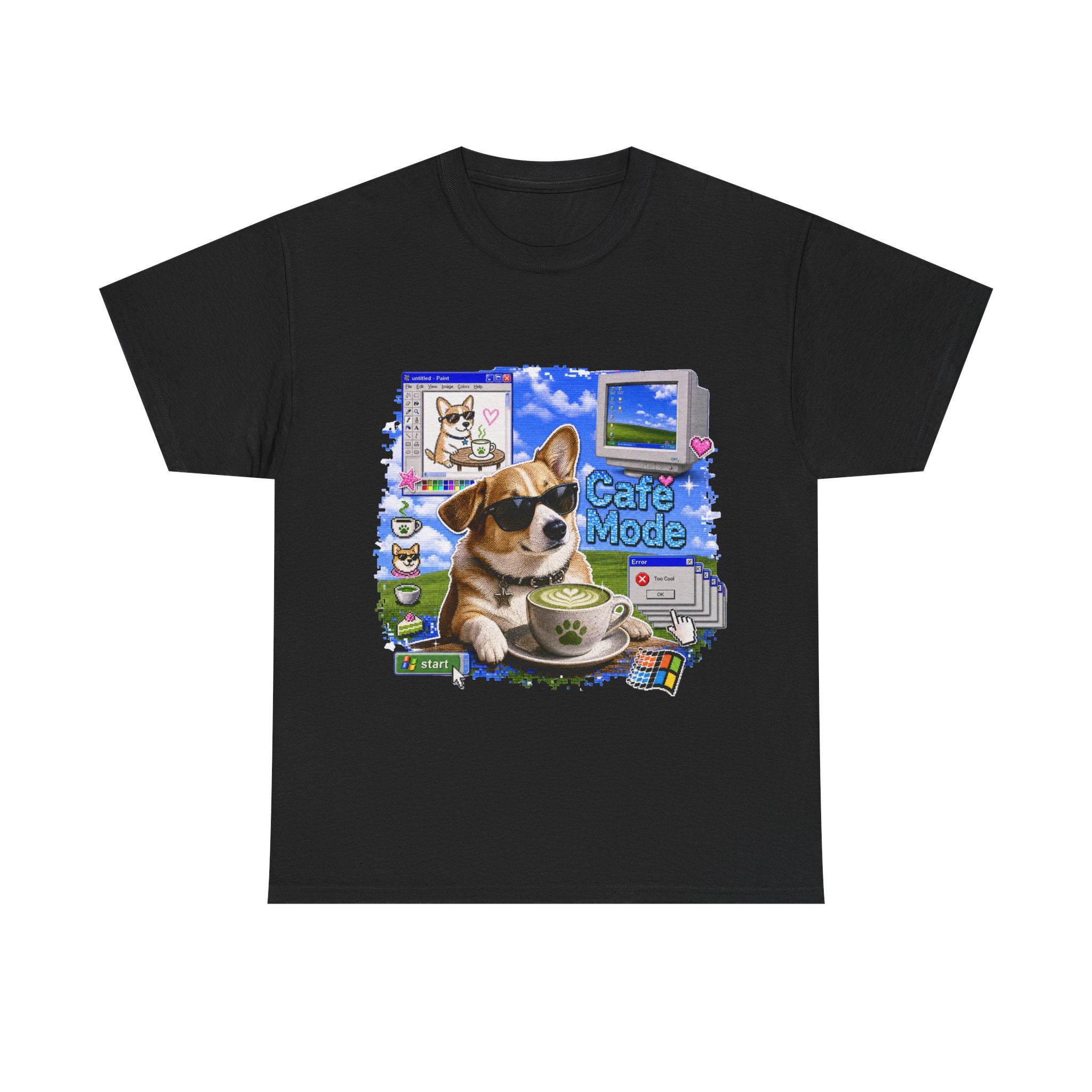 Café Mode Tee — Retro Vaporwave Corgi Coffee T-Shirt