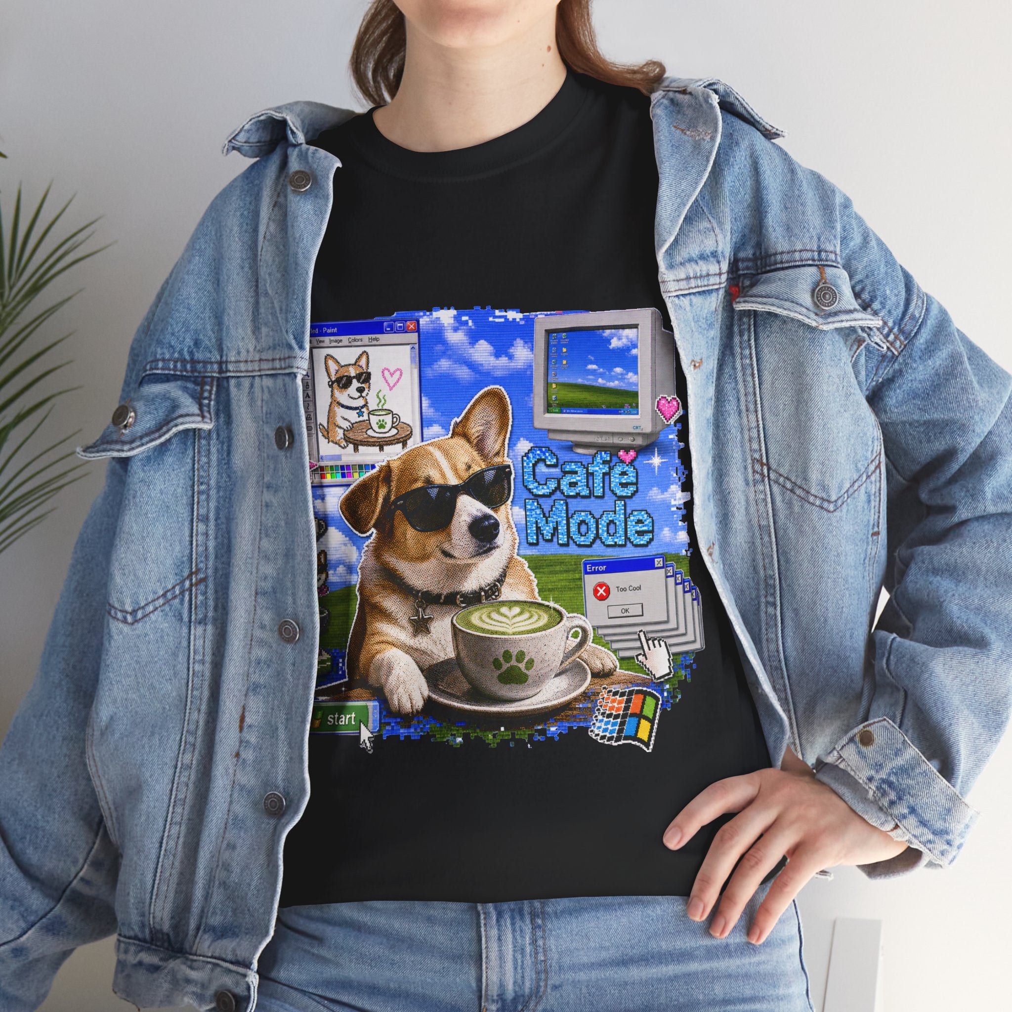 Café Mode Tee — Retro Vaporwave Corgi Coffee T-Shirt