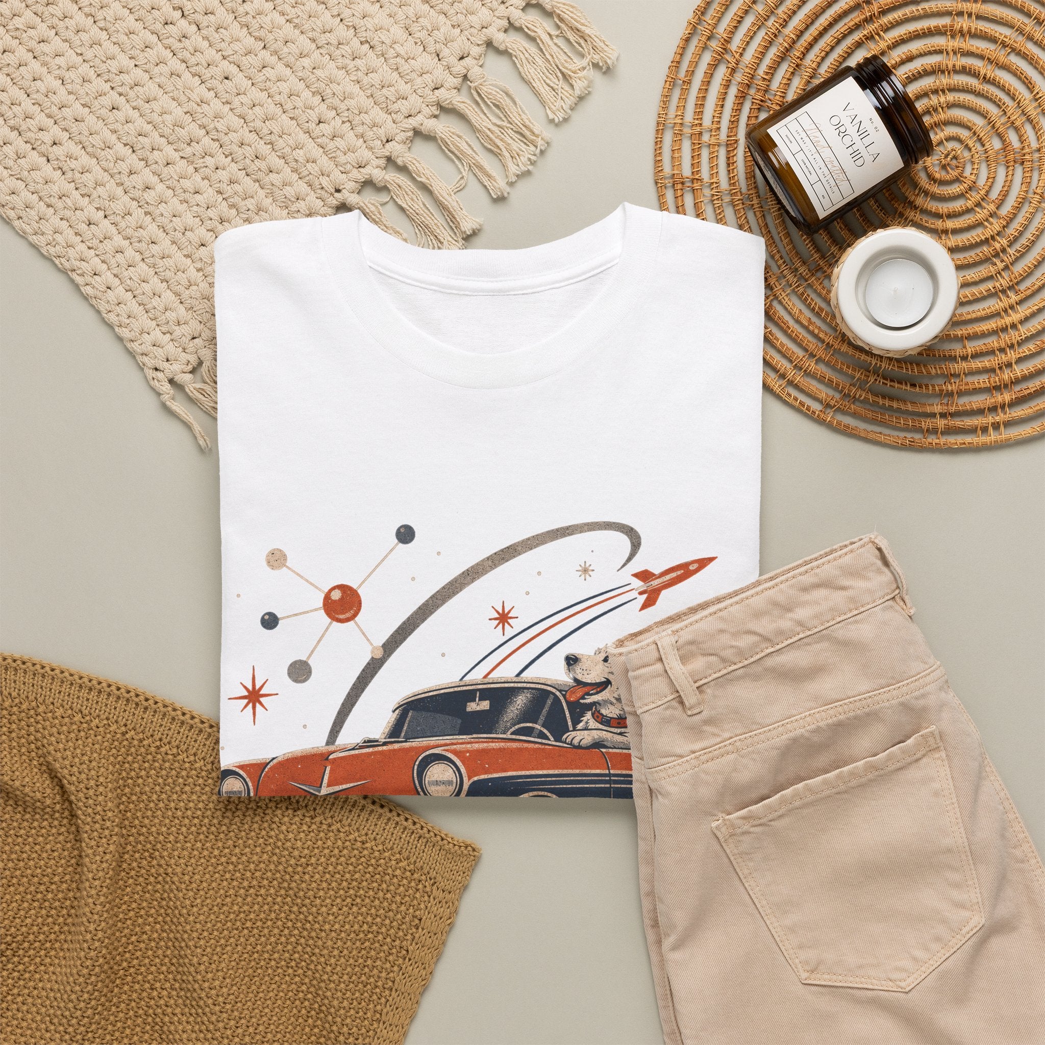 Retro Space Dog Driving Classic Car Tee | Vintage Rocket Adventure