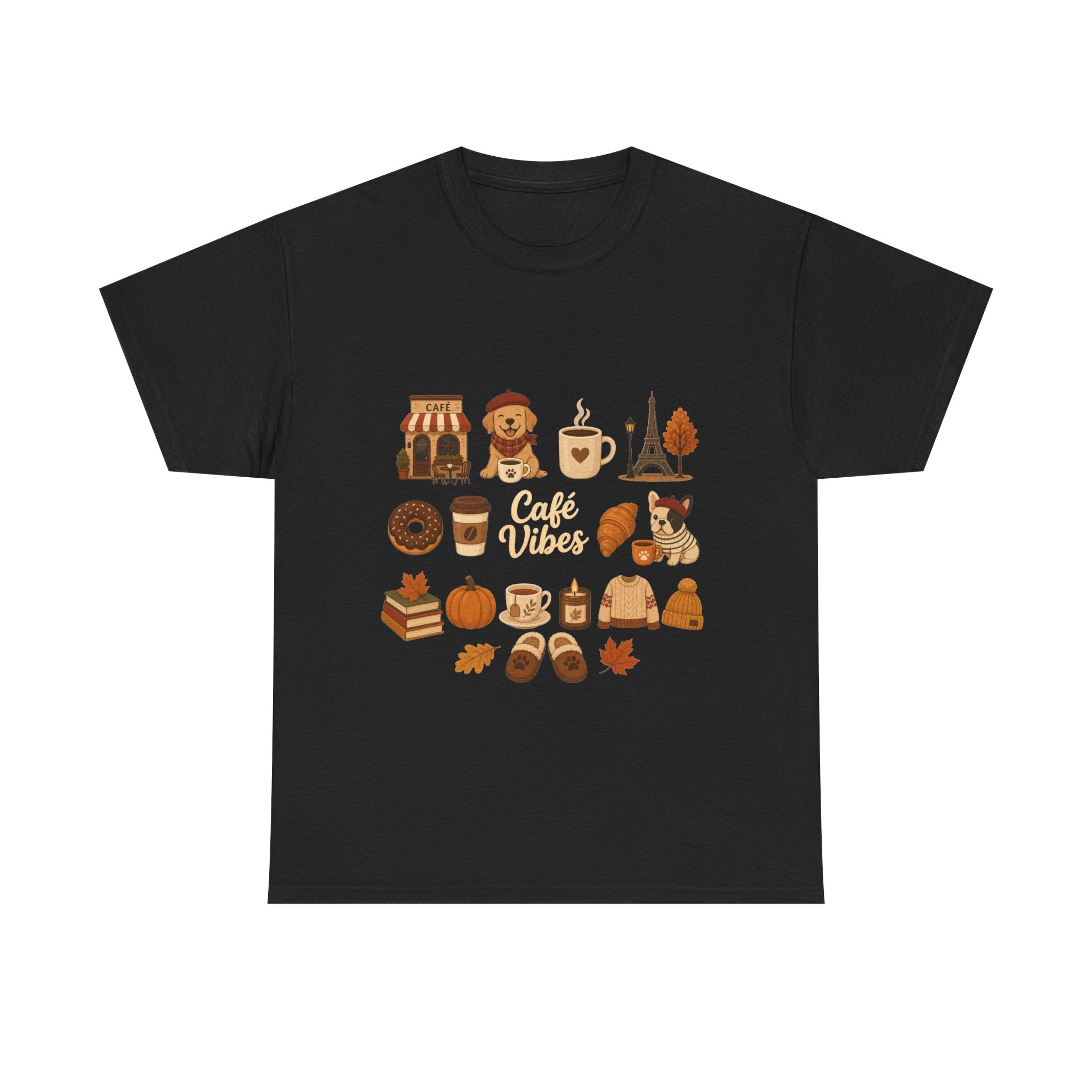Cafe Vibes Tee — Cozy Autumn Coffee, Dogs & Pumpkin Graphic T-Shirt