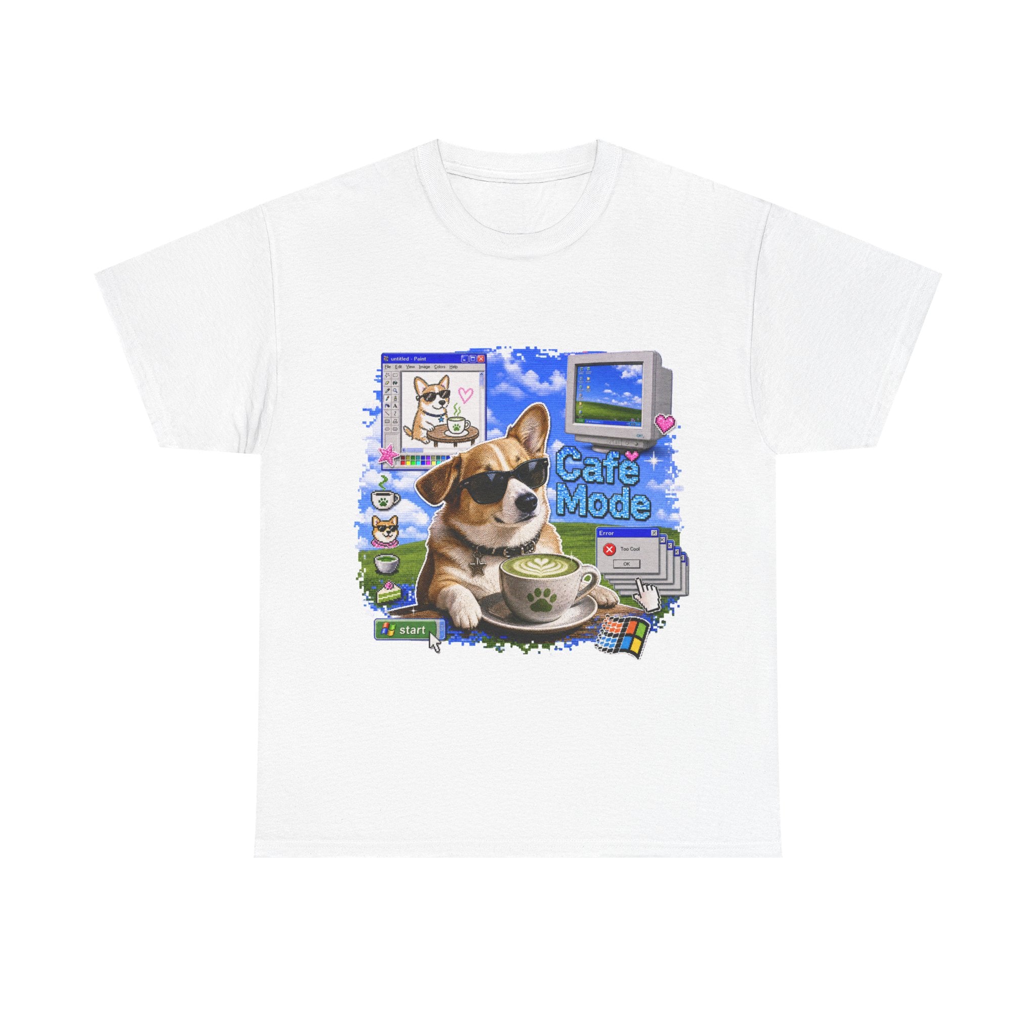 Café Mode Tee — Retro Vaporwave Corgi Coffee T-Shirt