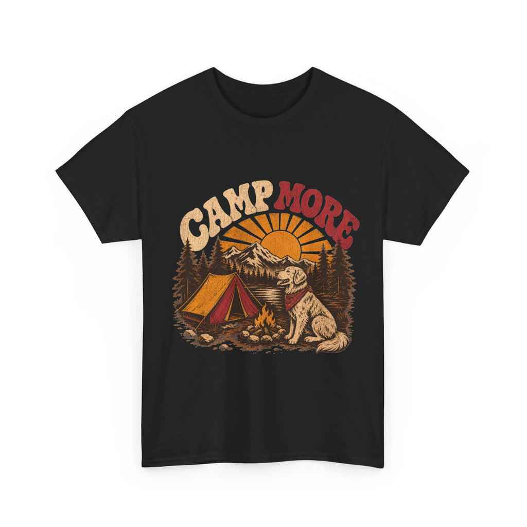 Camp More Camping T-Shirt — Retro Sunset Tent & Dog Outdoor Tee