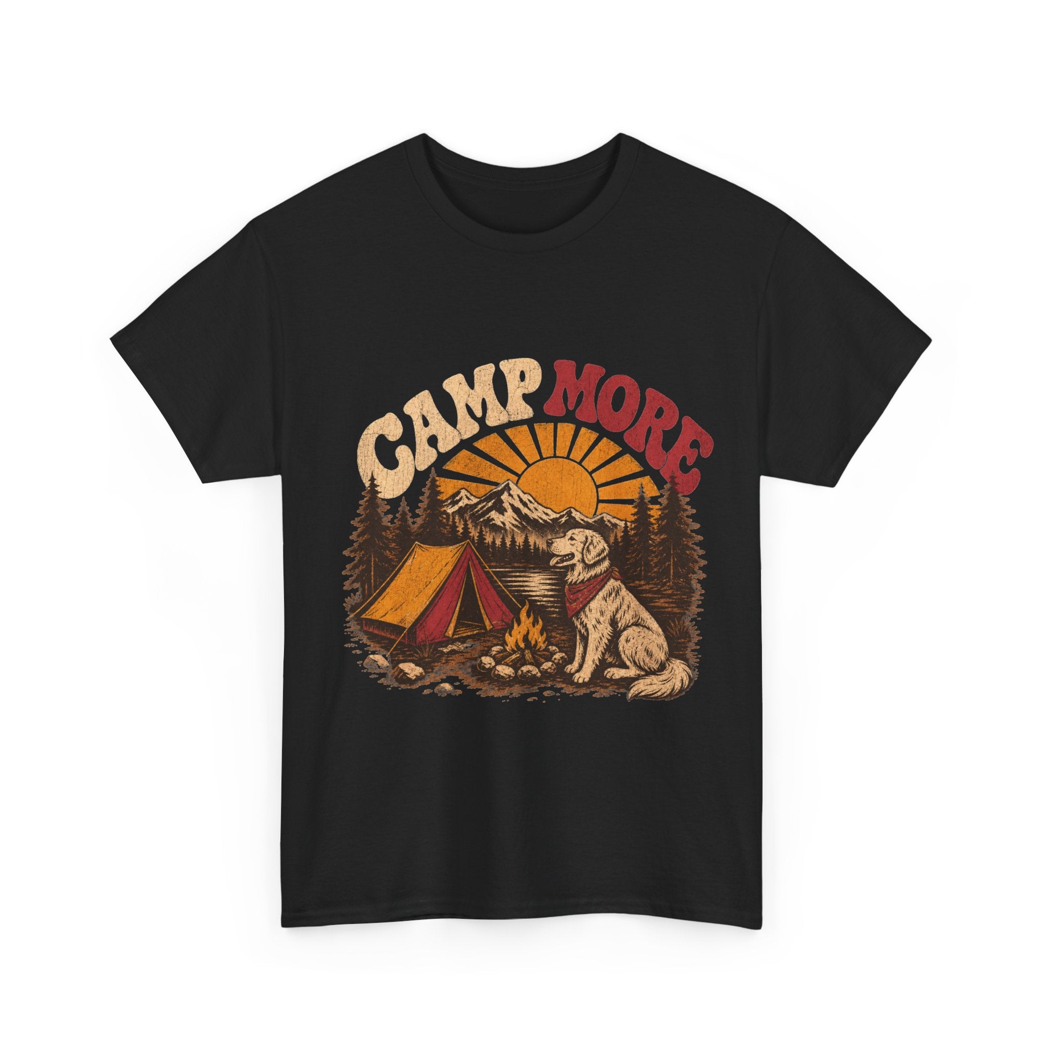 Camp More Camping T-Shirt — Retro Sunset Tent & Dog Outdoor Tee