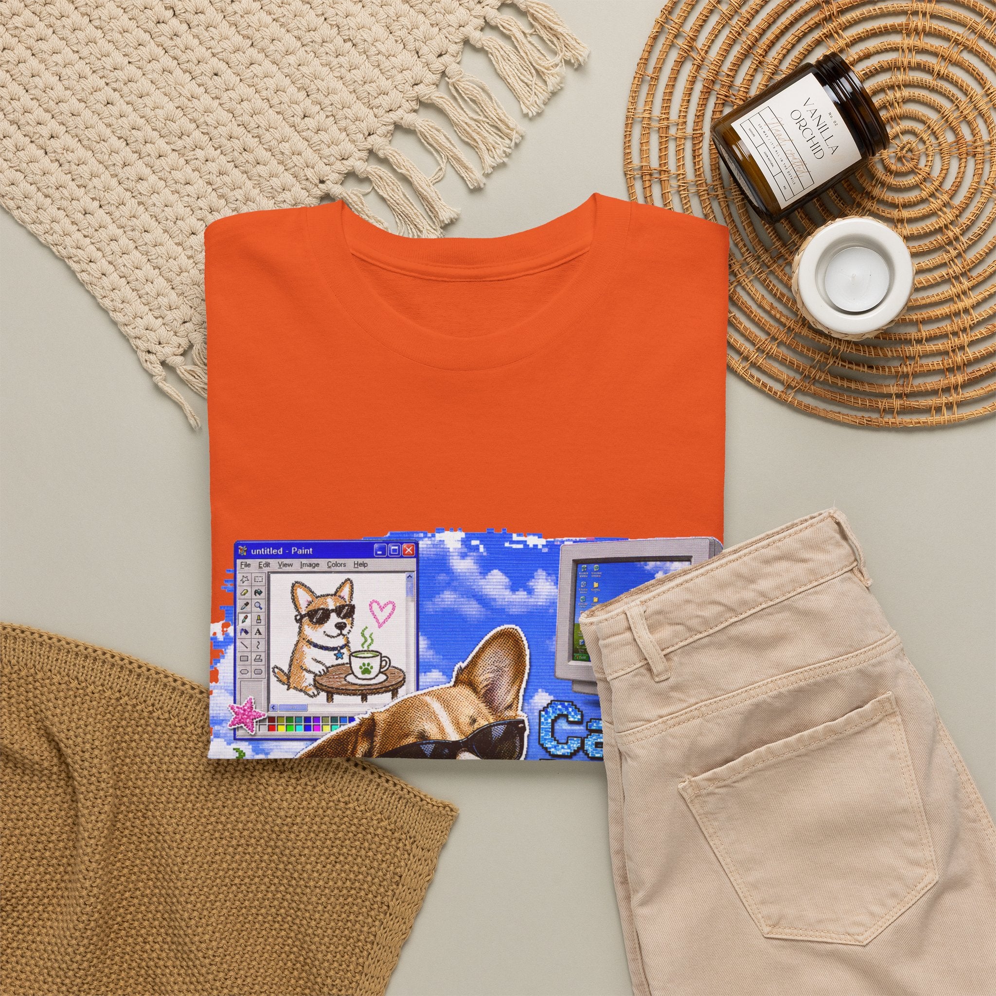 Café Mode Tee — Retro Vaporwave Corgi Coffee T-Shirt