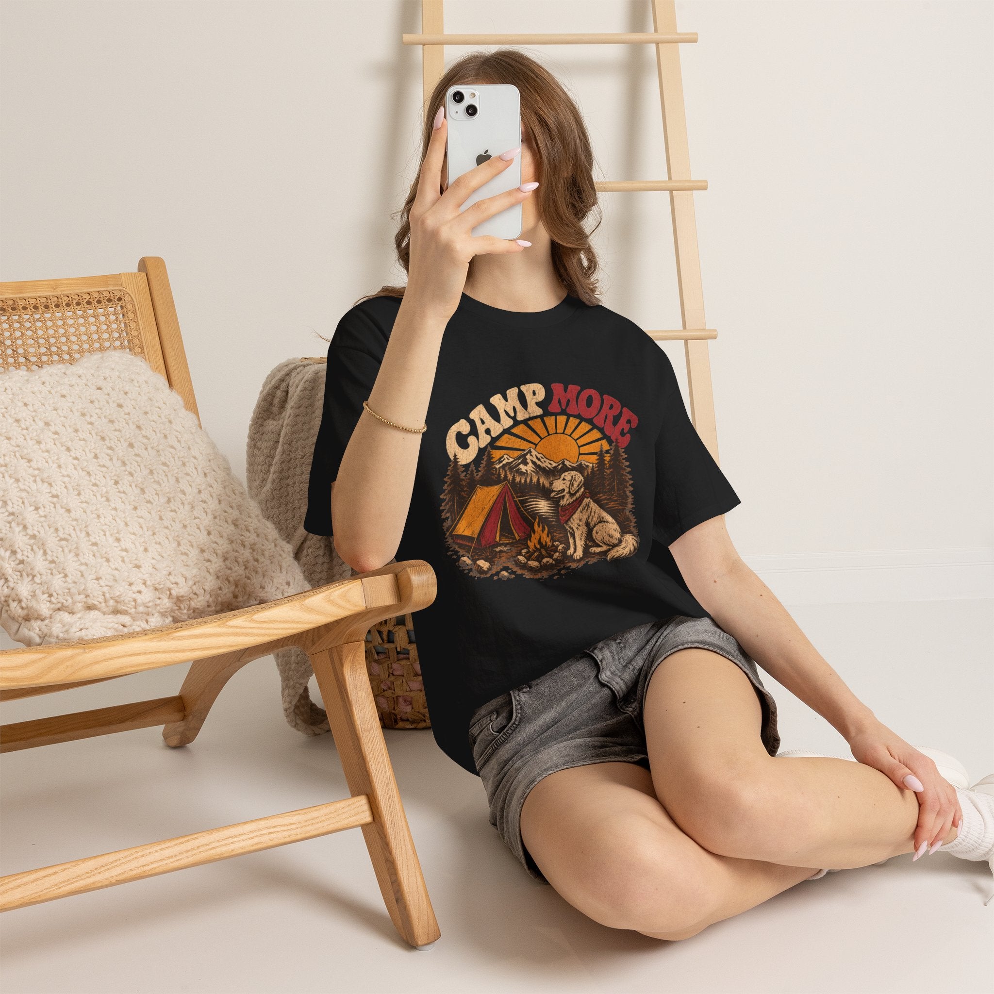 Camp More Camping T-Shirt — Retro Sunset Tent & Dog Outdoor Tee