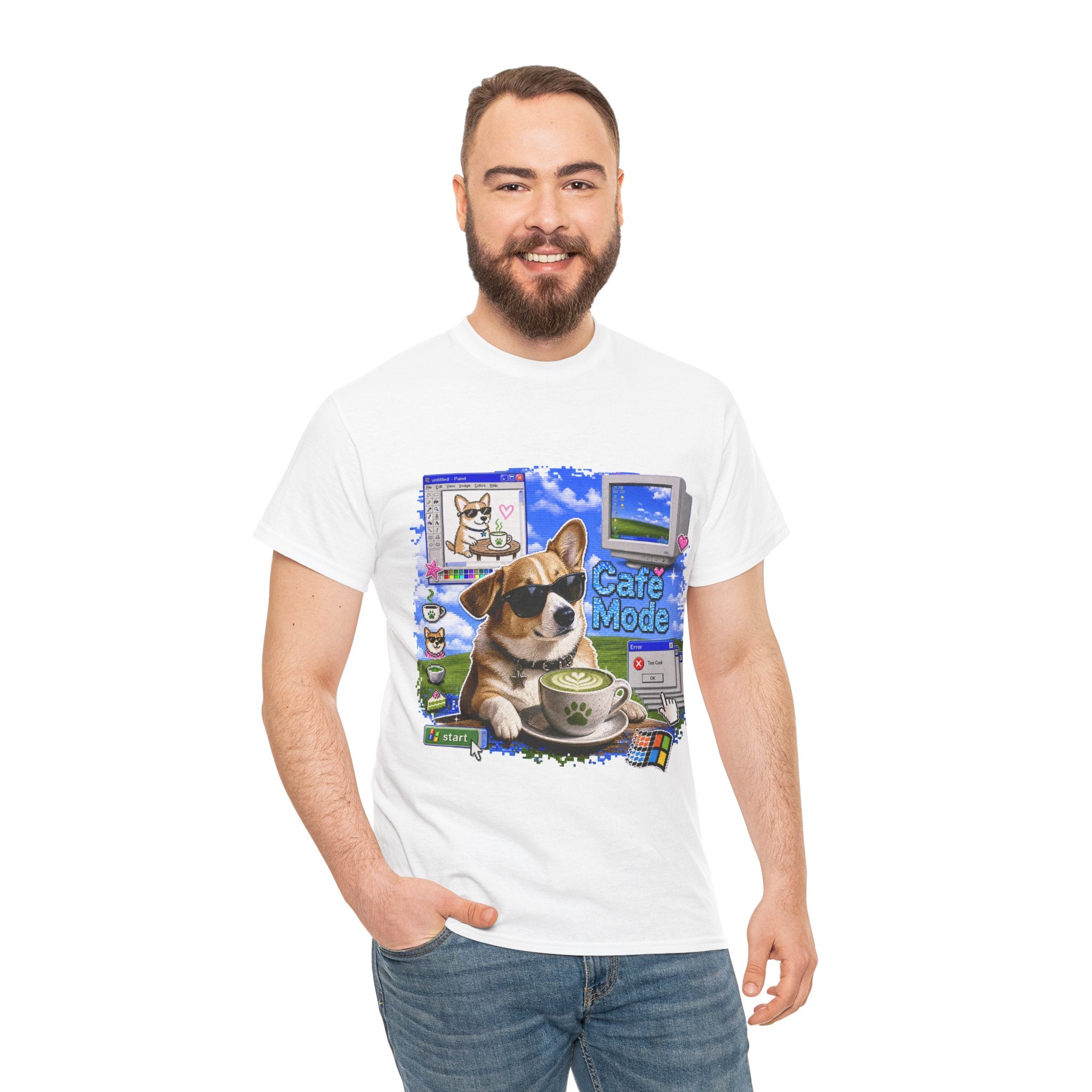 Café Mode Tee — Retro Vaporwave Corgi Coffee T-Shirt