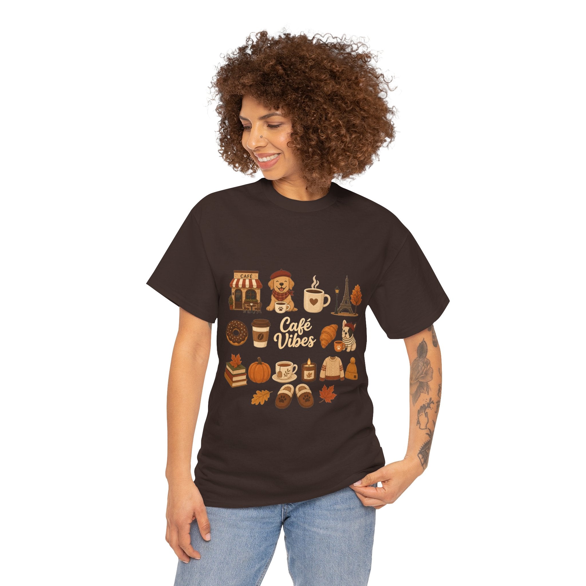 Cafe Vibes Tee — Cozy Autumn Coffee, Dogs & Pumpkin Graphic T-Shirt